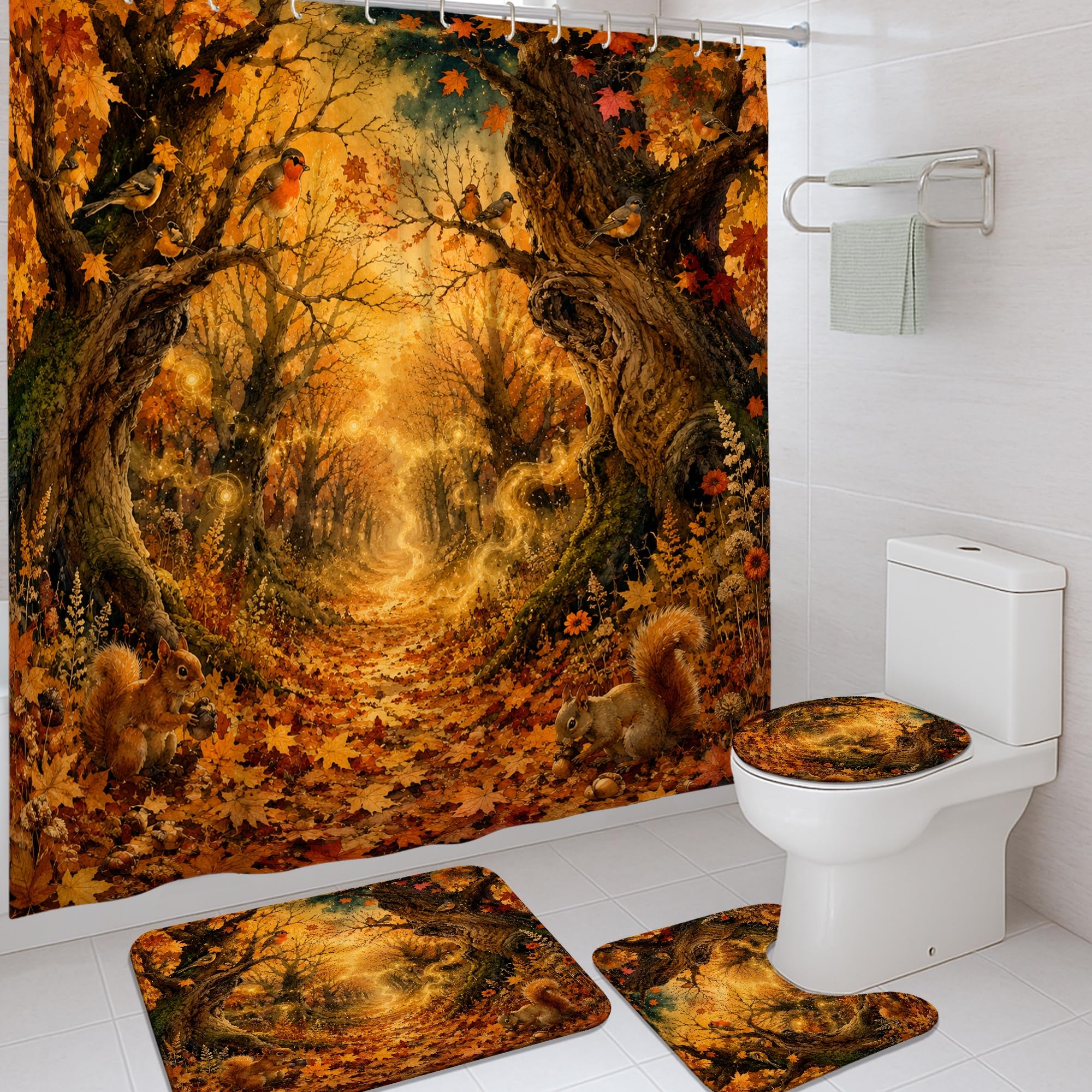 Rideau de douche anti moisissure et imperméable motif feuilles rustiques orange pour baignoire