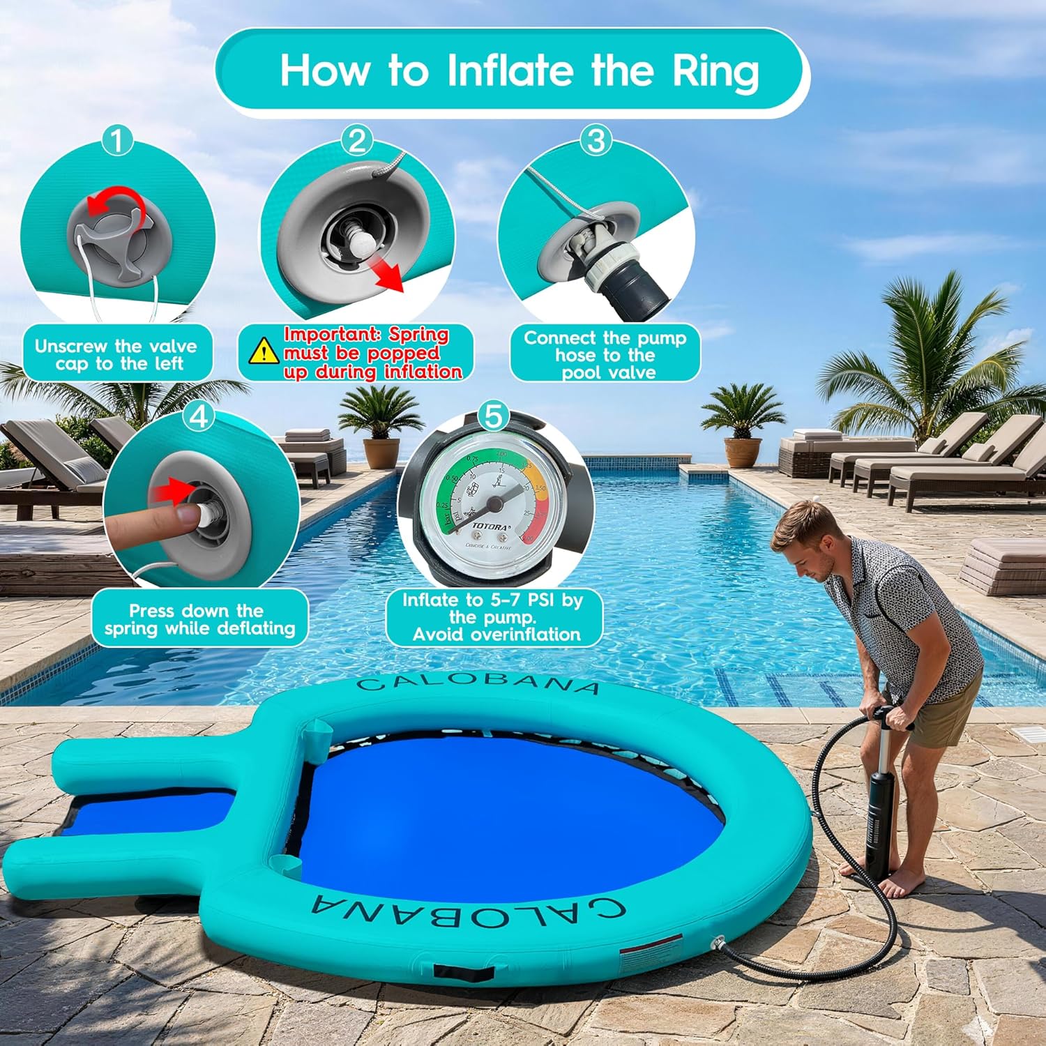 CALOBANA Water Hammock with Ramp, Inflatable Round Floating Ring with Ladder for Adults Pets, Heavy Duty Floating Dock with Dog Ramp Cup Holder Tanning Raft for Lake, River, or Boat Party