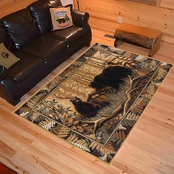 Bear Area Rug, 3x5ft Country Rustic Style Carpet, Living Room Animal Print Rug, Vintage Cabin Southwestern Woodland Carpet, Washable Non-Slip Large Mat, for Bedroom Kitchen Decor.