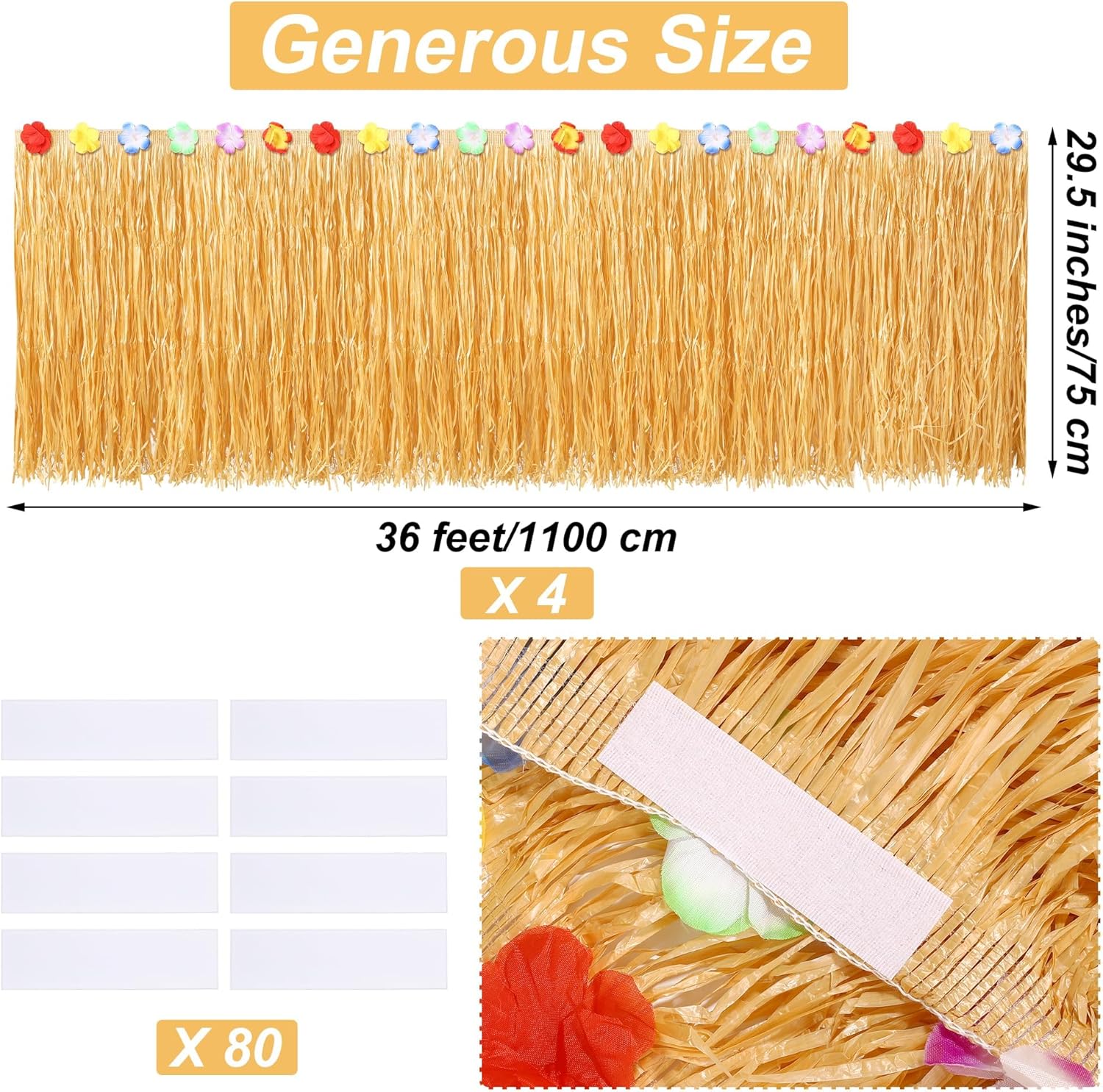 Fovths 4 Pieces Luau Grass Table Skirt Each 36 feet x 29.5 inch Fringe Banner Grass Skirt Natural Hawaiian Straw Grass Decor for Tiki Bar Roof Summer Beach Tropical Party Decorations, Straw Yellow