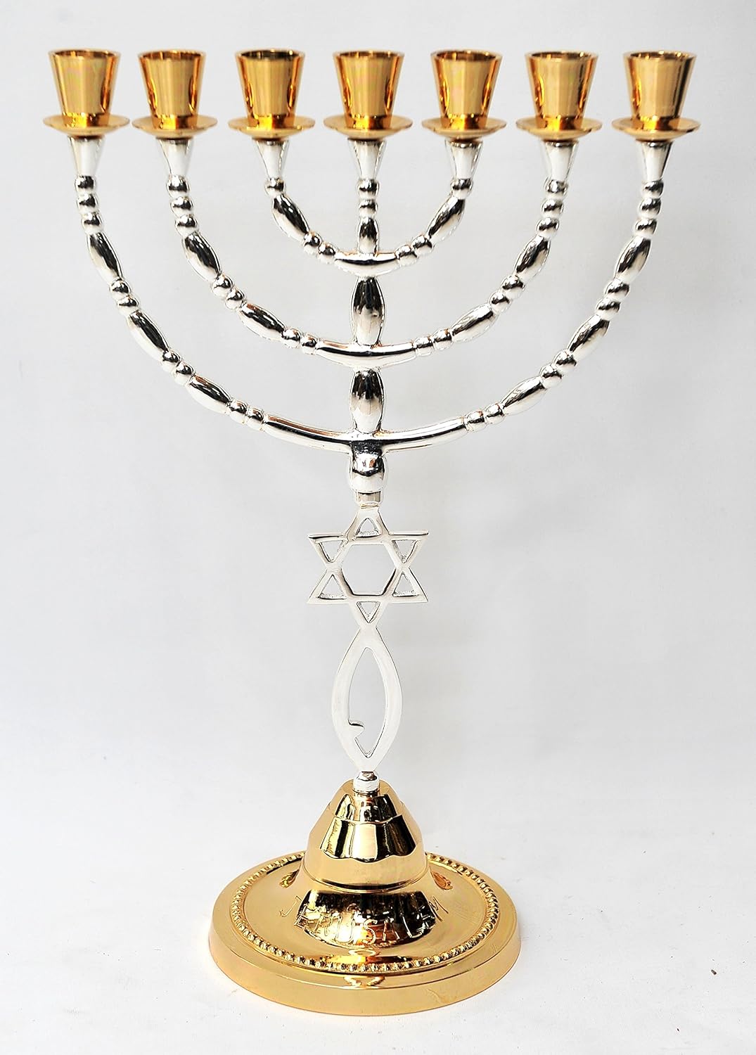 Menorah Gold & Silver Plated W/Magen David from Holy Land Jerusalem H/39 x W/26 CM