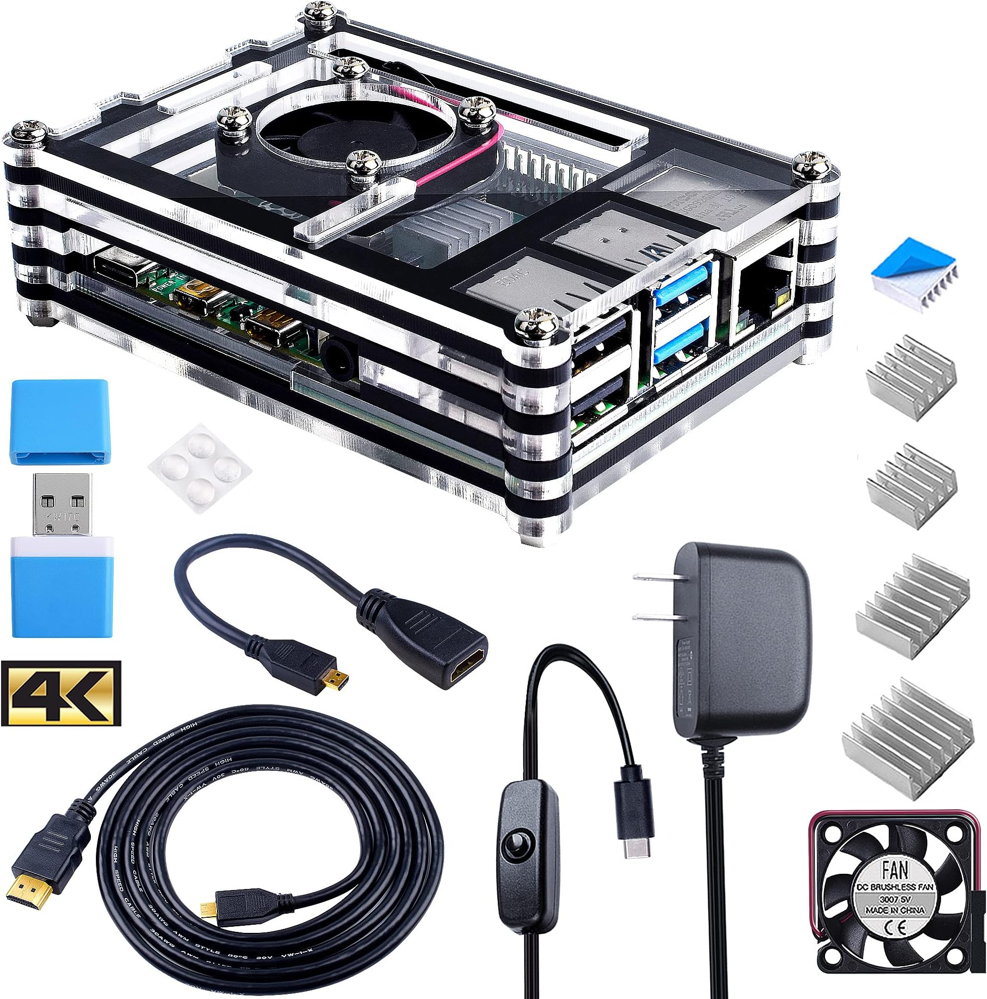 Case for Raspberry Pi 4 Model B, Pi 4B Case with Fan, 4PCS Heatsinks, 5V 3A USB-C, USB Card Reader, 6 Feet Micro HDMI Cable, 7.8 Inch Micro HDMI to HDMI Cable (4K Ultra HD)
