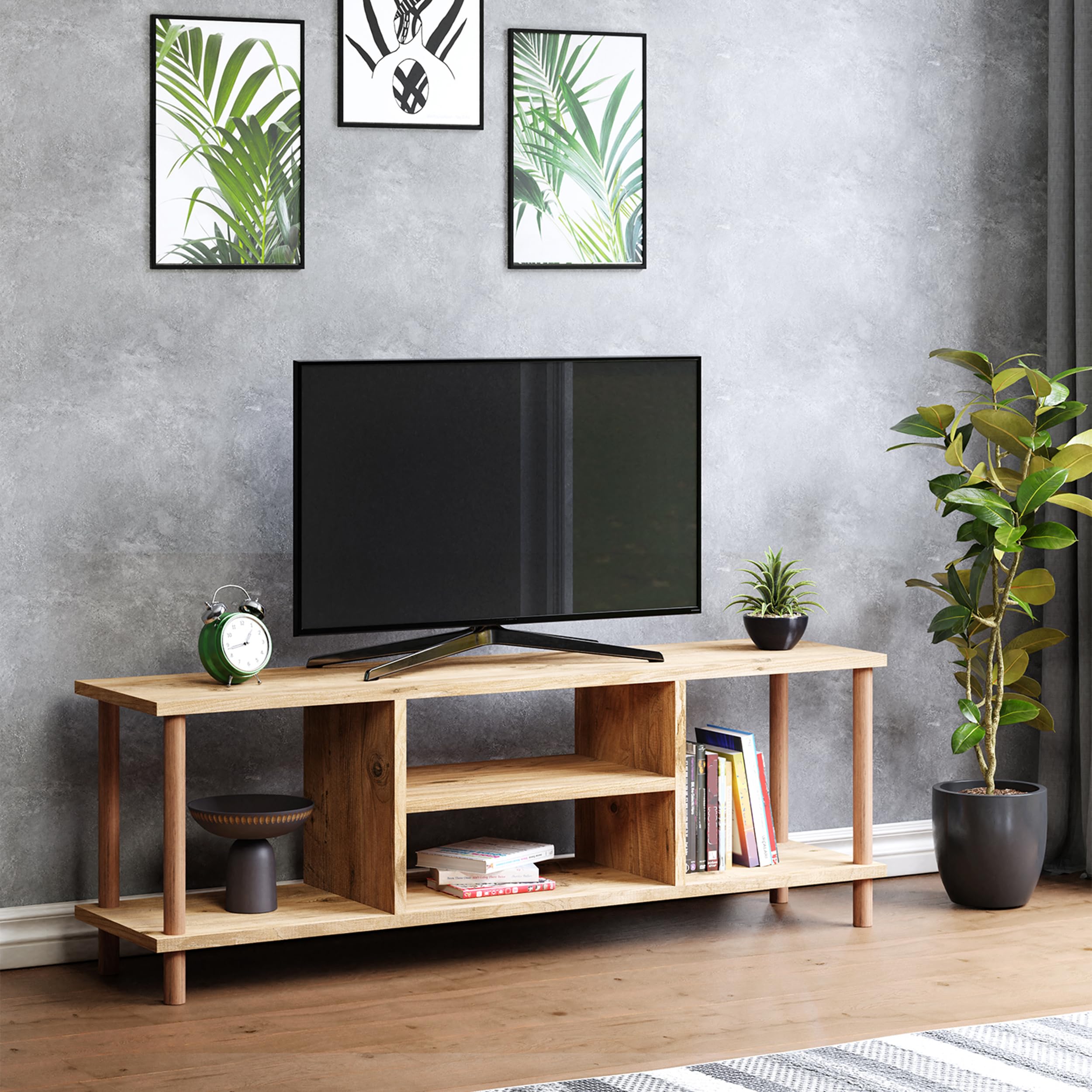 interGO Tv Sehpası Raflı Tv Ünitesi Televizyon Sehpası Ahşap Ayaklı Çam
