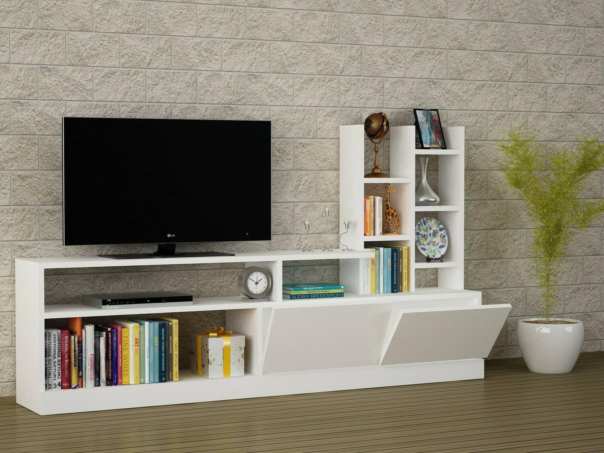 Dmora - Mobile porta TV Alni, Credenza da soggiorno, Armadio basso per TV, Base parete attrezzata, 164x25h91 cm, Bianco