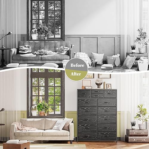 Miniatura 8 de EnHomee Cómoda alta, cómoda para dormitorio con 14 cajones, cómoda alta para dormitorio, cómoda grande de tela con parte superior de madera y marco