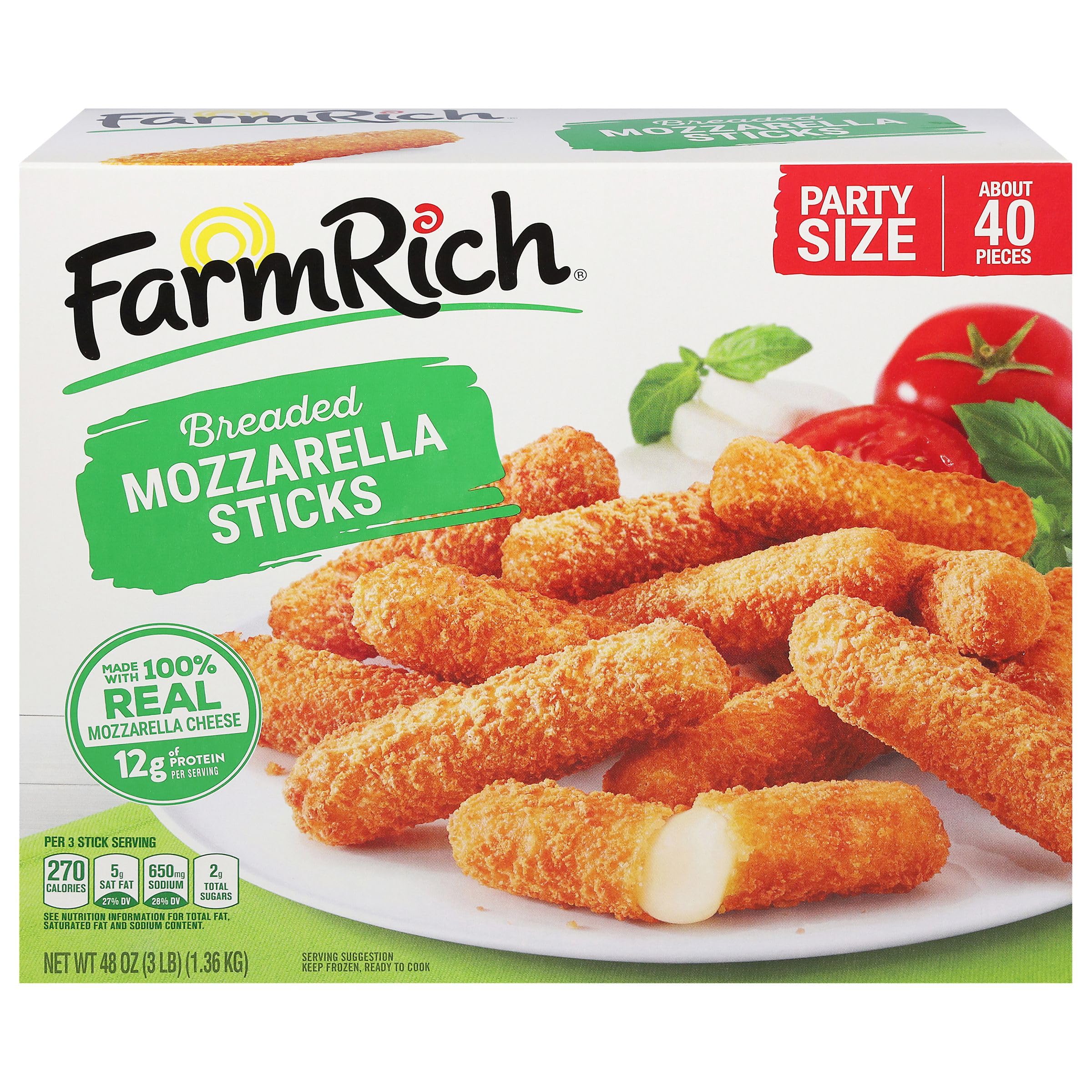 Farm Rich Mozzarella Cheese Sticks - Frozen Appetizers for Parties Breaded Cheese Stick 48 oz Pack - Farm