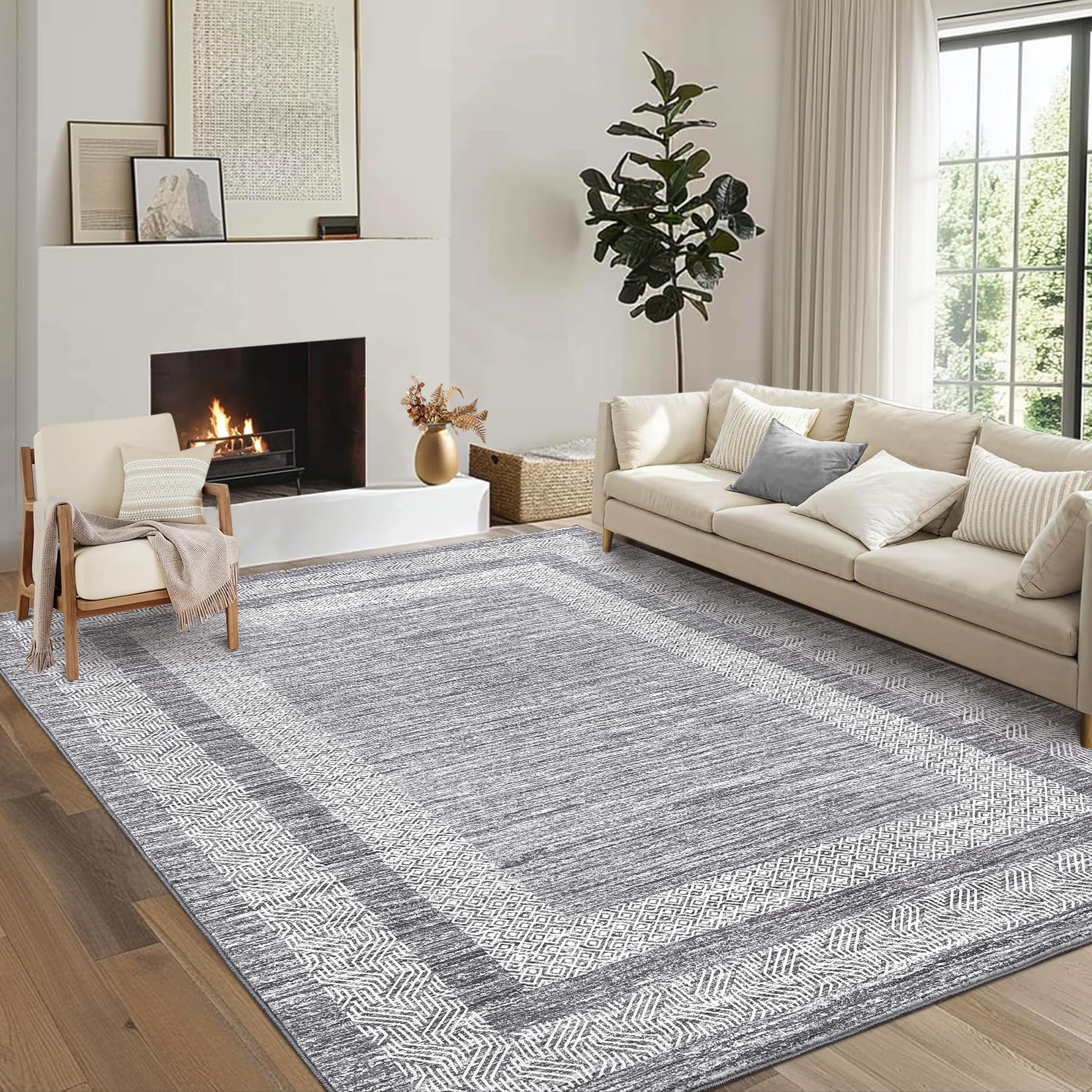 Photo 1 of GarveeHome Modern Geometric Area Rug 4x6 Distressed Bordered Washable Non Slip Floor Carpet Non Shedding Thin Soft Low Pile Contemporary Gray Rug for Dining Room, Living Room