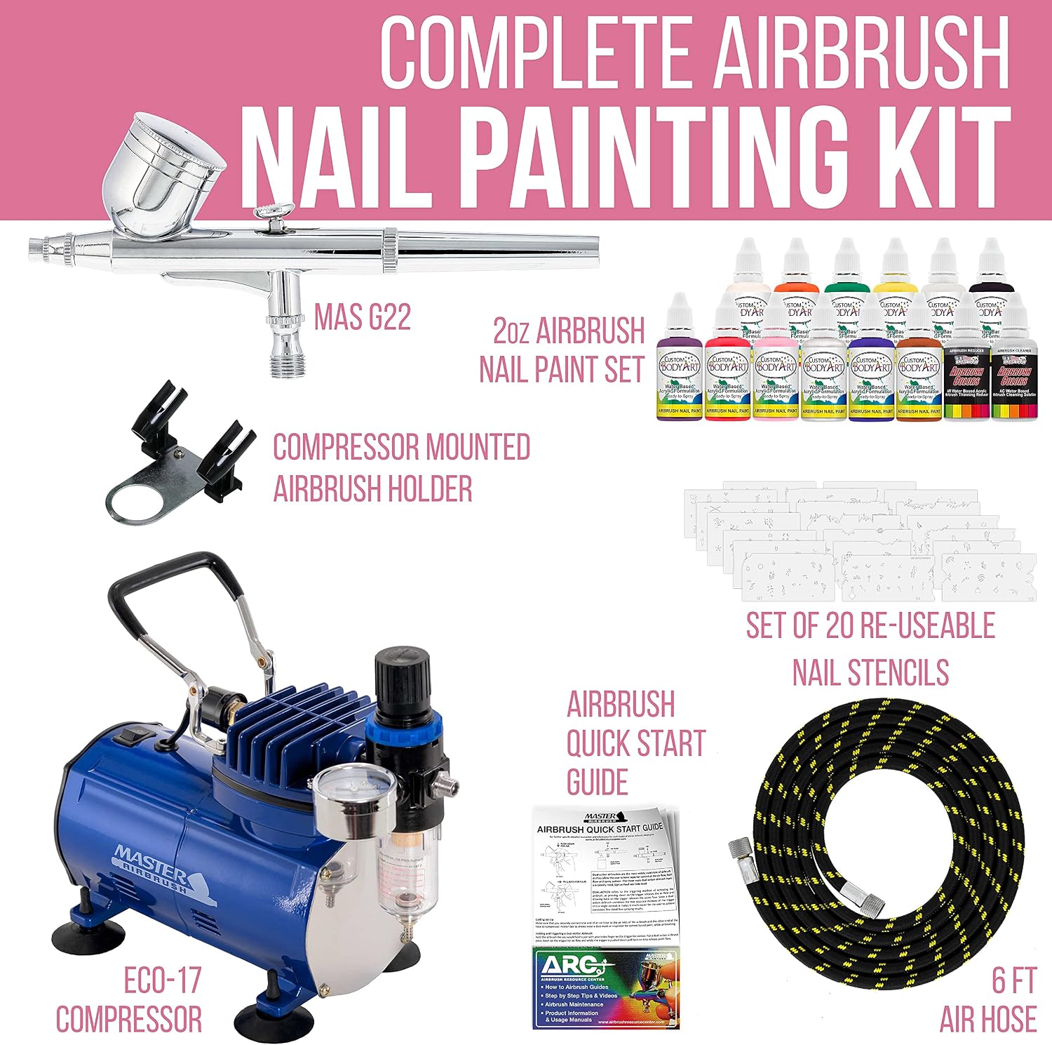 Master Airbrush Nail Decorating Air Brush Kit with Air Compressor - G22 Gravity Feed Dual-Action Airbrush, Custom Body Art 20 Stencil Set, 12 Color Nail Paint Kit 1oz Bottles & Training Book