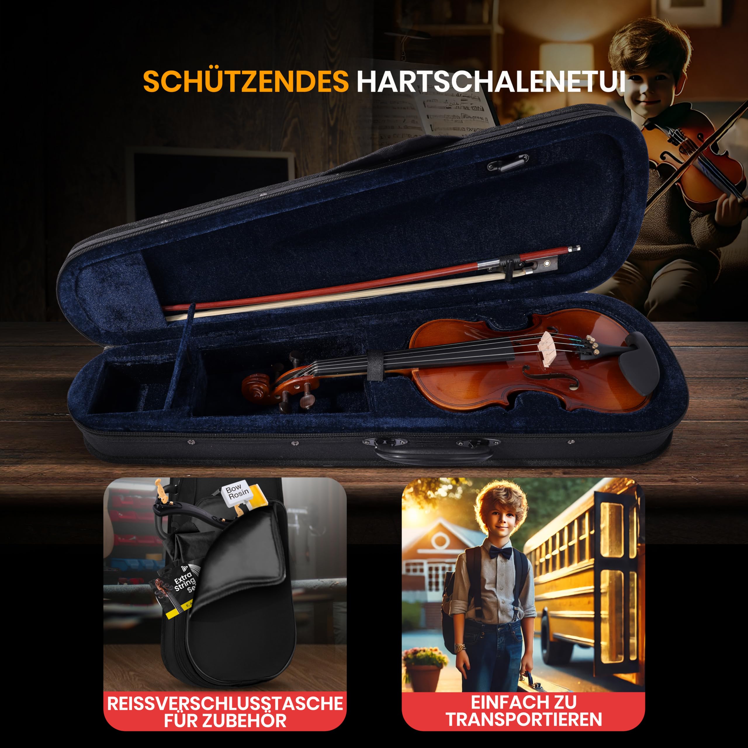 Pyle Violine Set Größe 1/4 – Leichtes Streichinstrument mit hochwertigem Holzfurnier – Geige mit Zubehör inkl. Geigenkoffer, Kolophonium, Violine Stimmgerät, Ersatzsaiten & Bogen – für Kinder ab 5