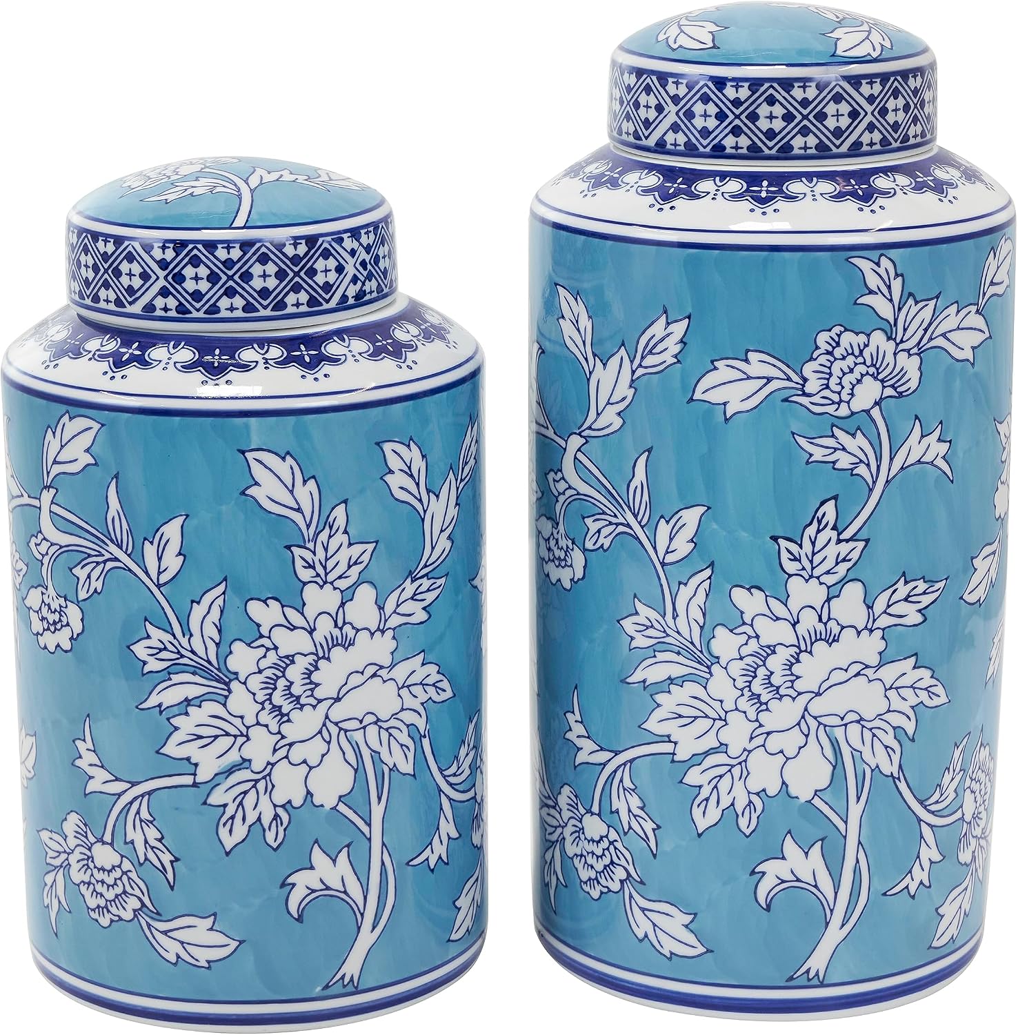 Deco 79 Ceramic Living Room Decorative Jars Decorative Container with White Floral Patterns, Set of 2 Jar with Lid 12", 14" H, Blue