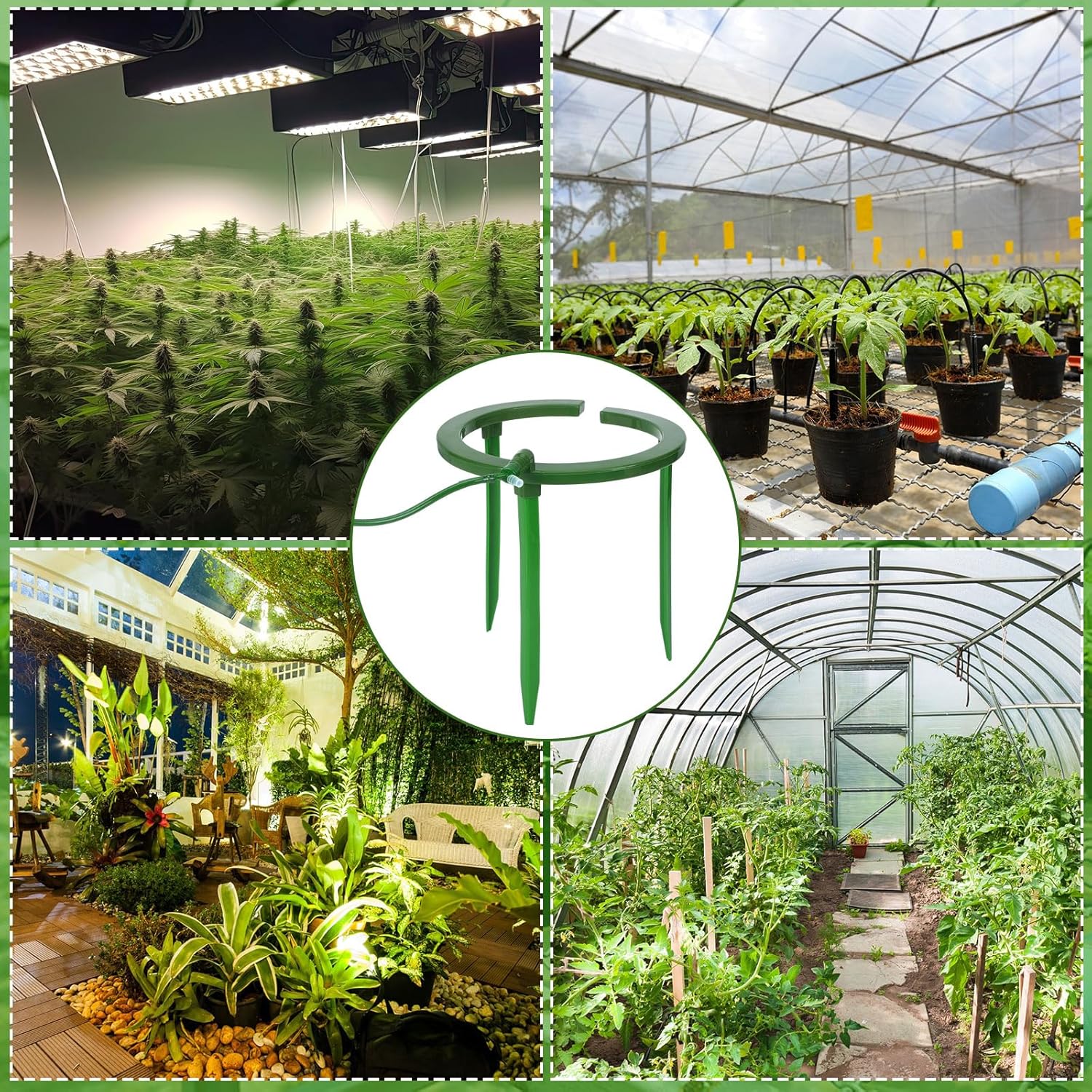 4 Sets Water Ring 3 Leg Support Drip Emitter Drip Ring with 1/8 Inch Barbed Inlet Fitting Removable Stakes for Grow Media Irrigation System Rain Watering Tree Plants, Green (9 Inch)