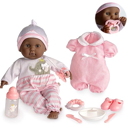 JC Toys 15" Realistic Soft Body African American Baby Doll with Open/Close Eyes Berenguer Boutique | 10 Piece Gift Set with Bottle, Rattle, Pacifier & Accessories | Pink | Ages 2+