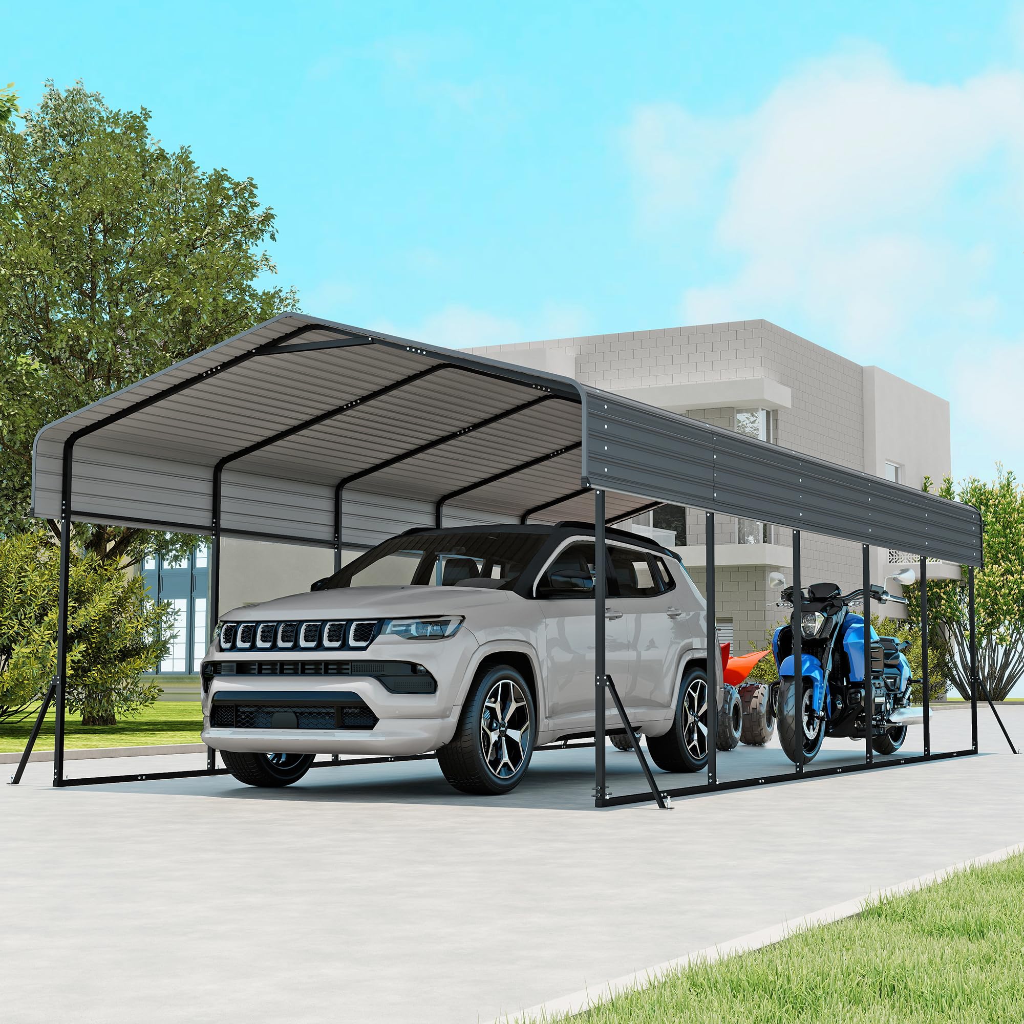 Real Relax 13x26 FT Heavy Duty Metal Carport, Gray