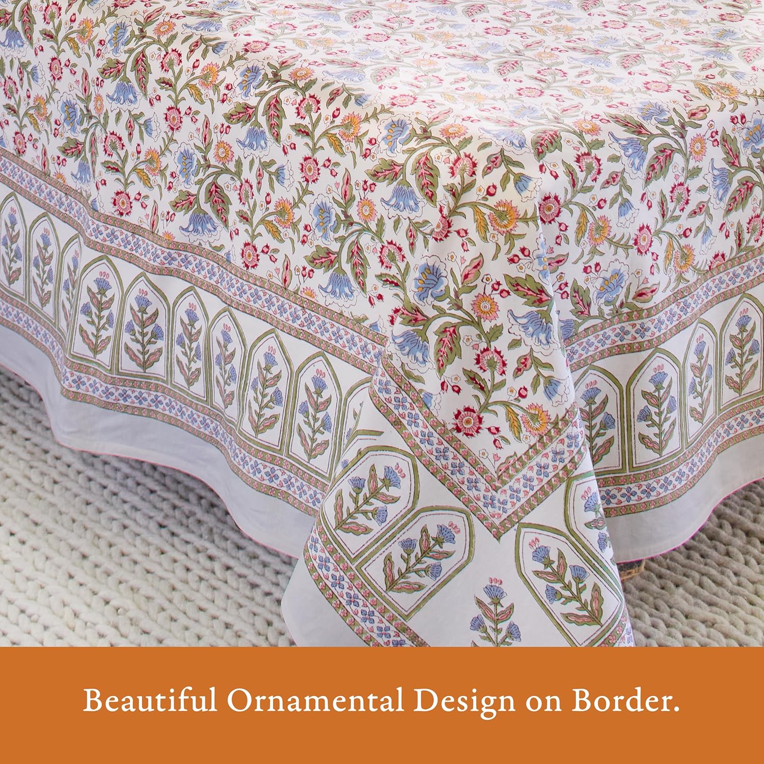 Saffron Marigold Queen Summer Bedspread - Lightweight 100% Ivory Cotton, Hand Block Printed Floral Bedding Comforter for Your Bedroom Decor Enchanted - Ivory 90x90 inches