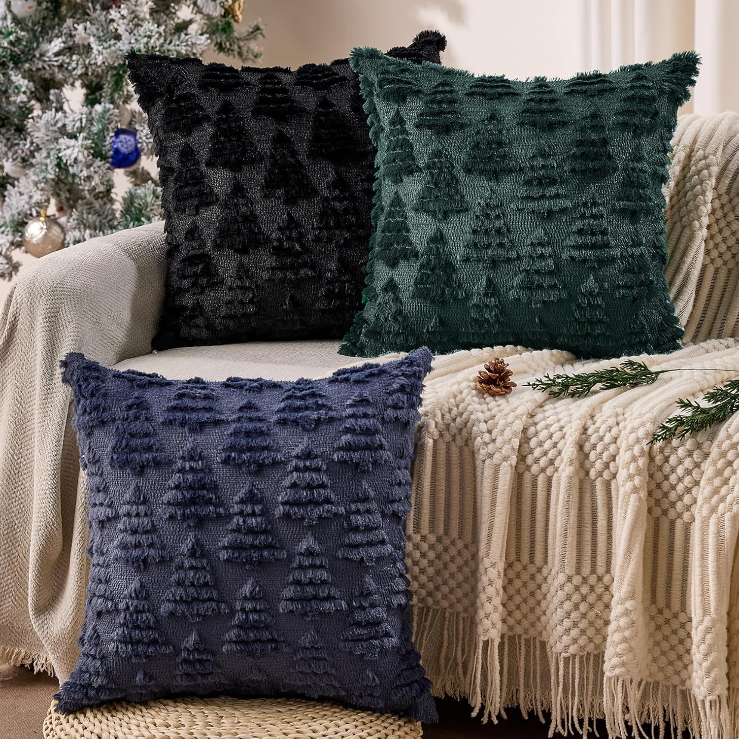Allorry Christmas Pillow Covers 18x18 Set of 2 Christmas Decoration Navy Blue Xmas Tree Pillow Cases Plush Faux Fur Soft Cushion Case for Winter Xmas Holiday Home Bedroom Sofa Decors SY-003-F18