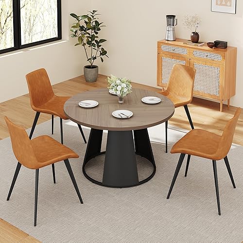 Miniatura 10 de Juego de mesa de comedor redonda de 47.2 pulgadas para 4 mesas de madera modernas con 4 sillas tapizadas de cuero, base de pedestal de metal, Mesa