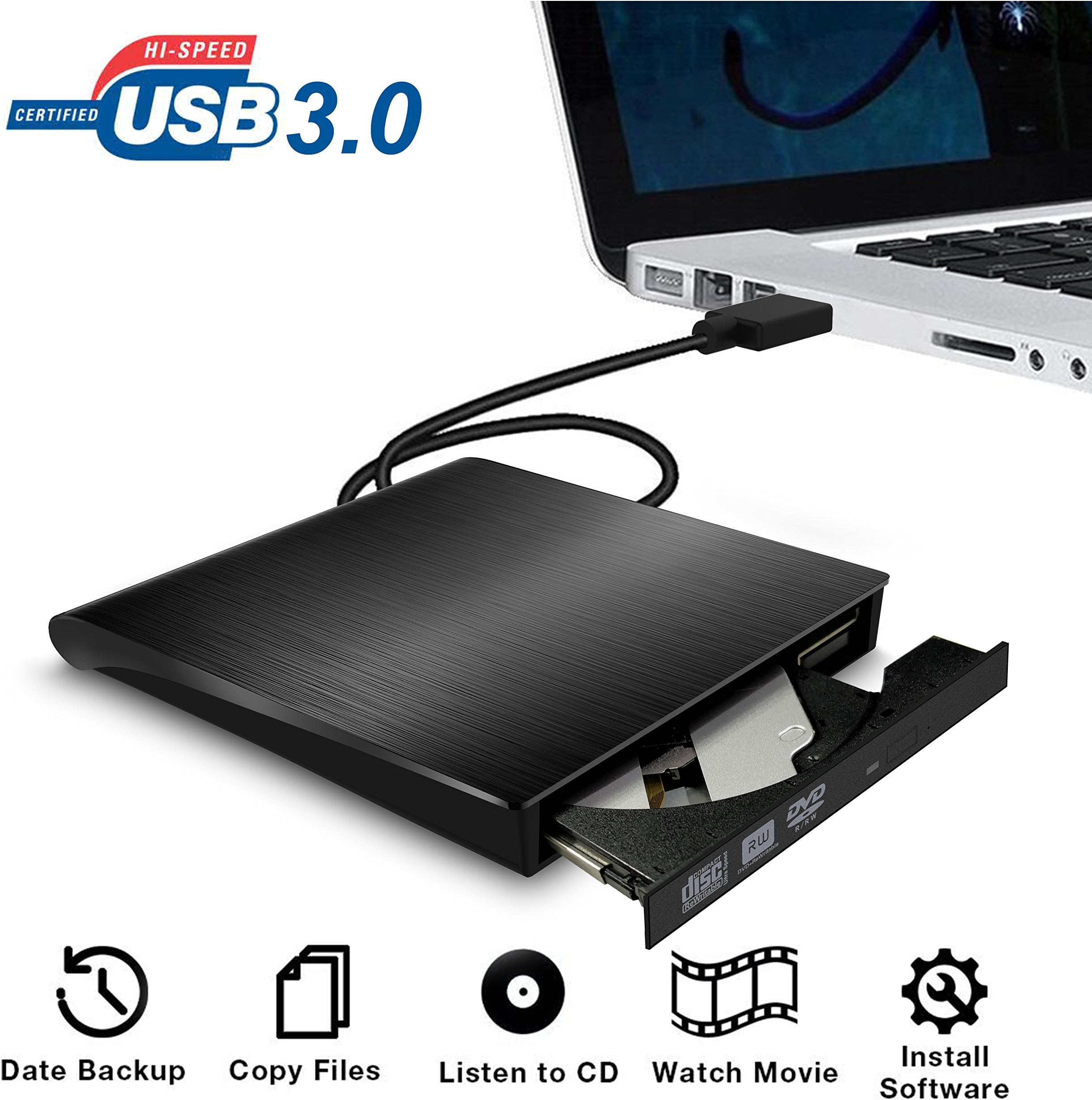 External DVD CD Drive USB 3.0,Valoin 2018 Latest Version Portable CD/DVD +/-RW Drive Slim DVD/CD ROM Rewriter Burner Superdrive for Laptop