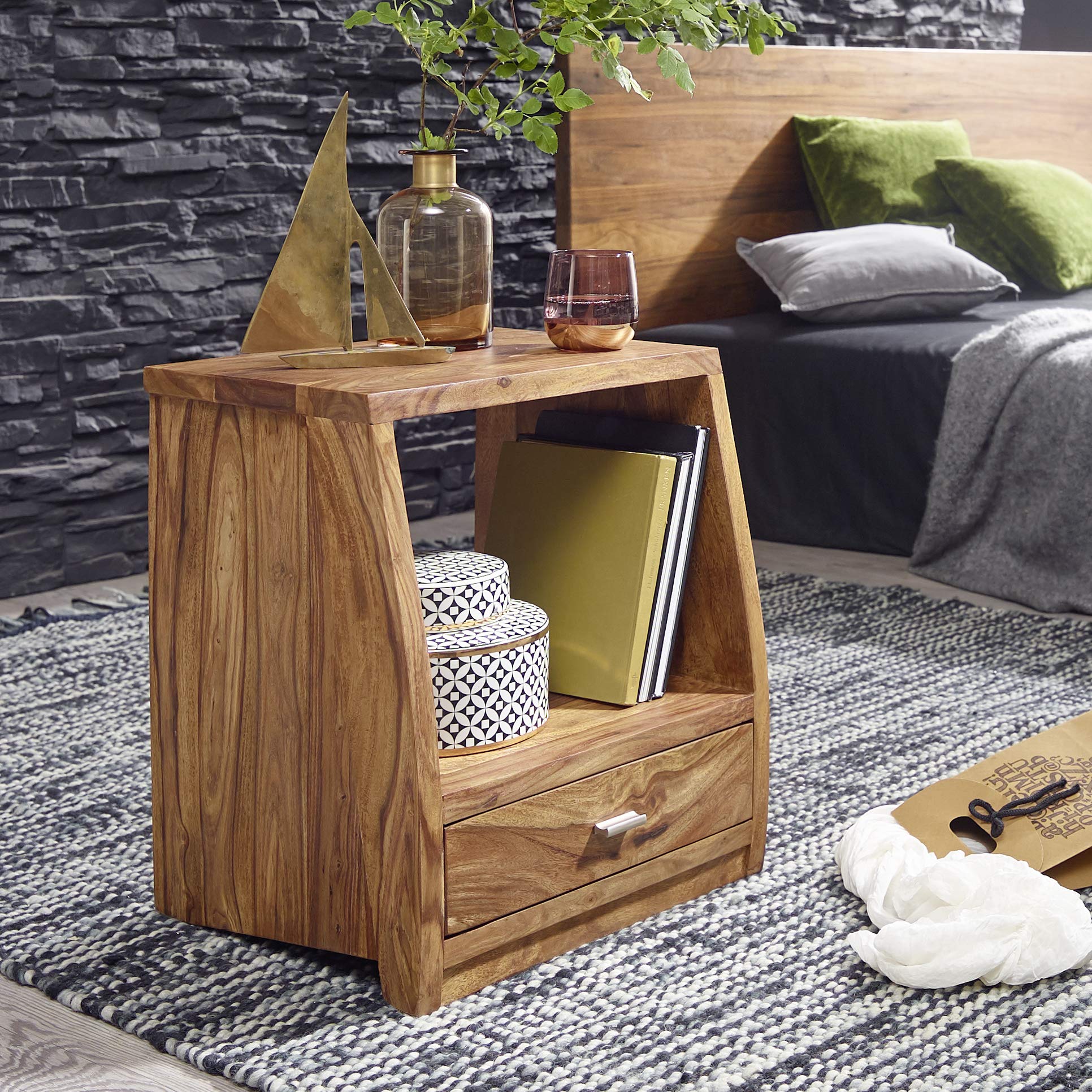 FineBuy Nachttisch 45x40x53 cm Sheesham Massivholz mit Schublade