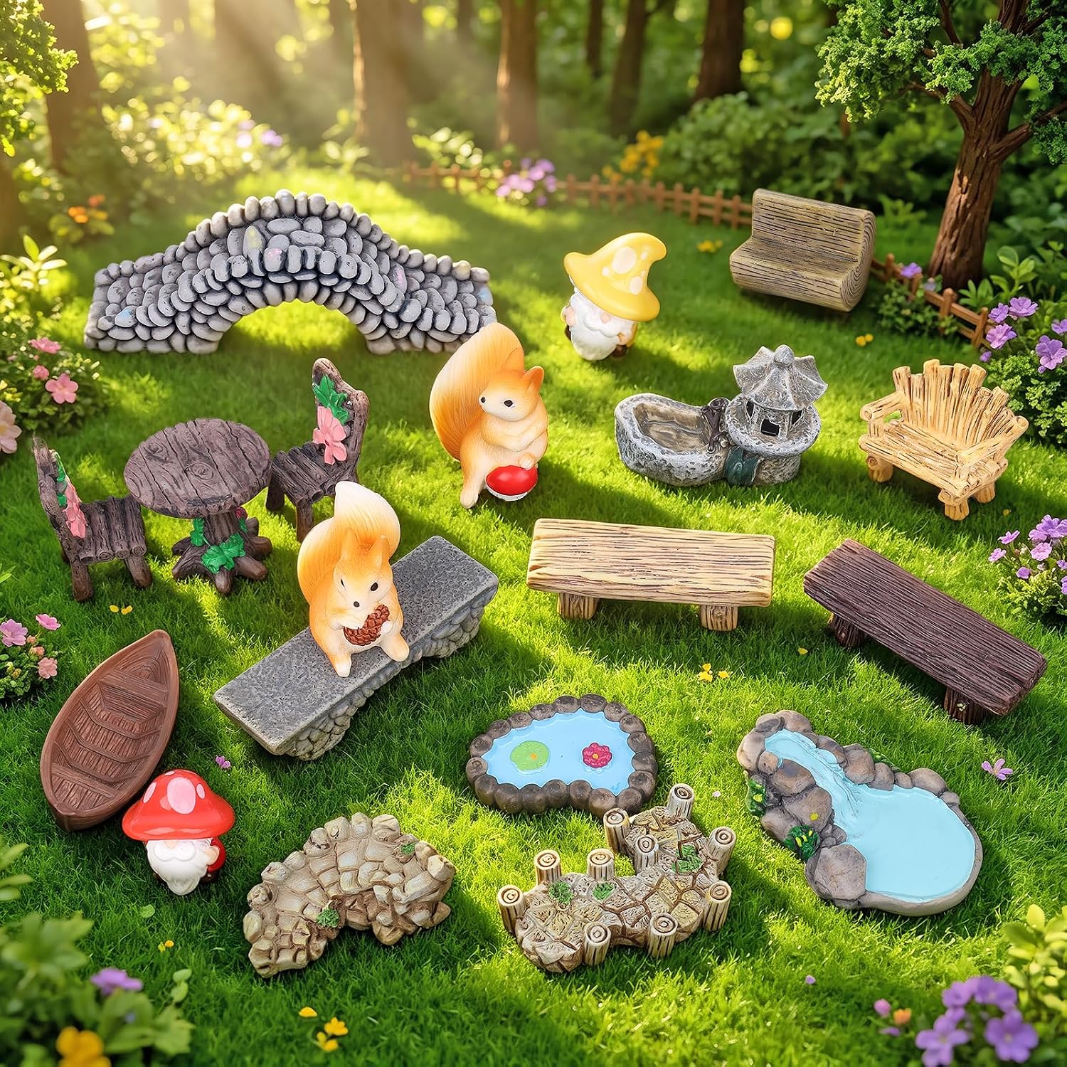 21 Pcs Fairy Garden Accessories Kit, Resin Retro Scenery Ornaments with Bridge, Pond, Tower and Boat, Desktop Bonsai Terrarium Decor for Plant Lovers, Tabletop Art Display
