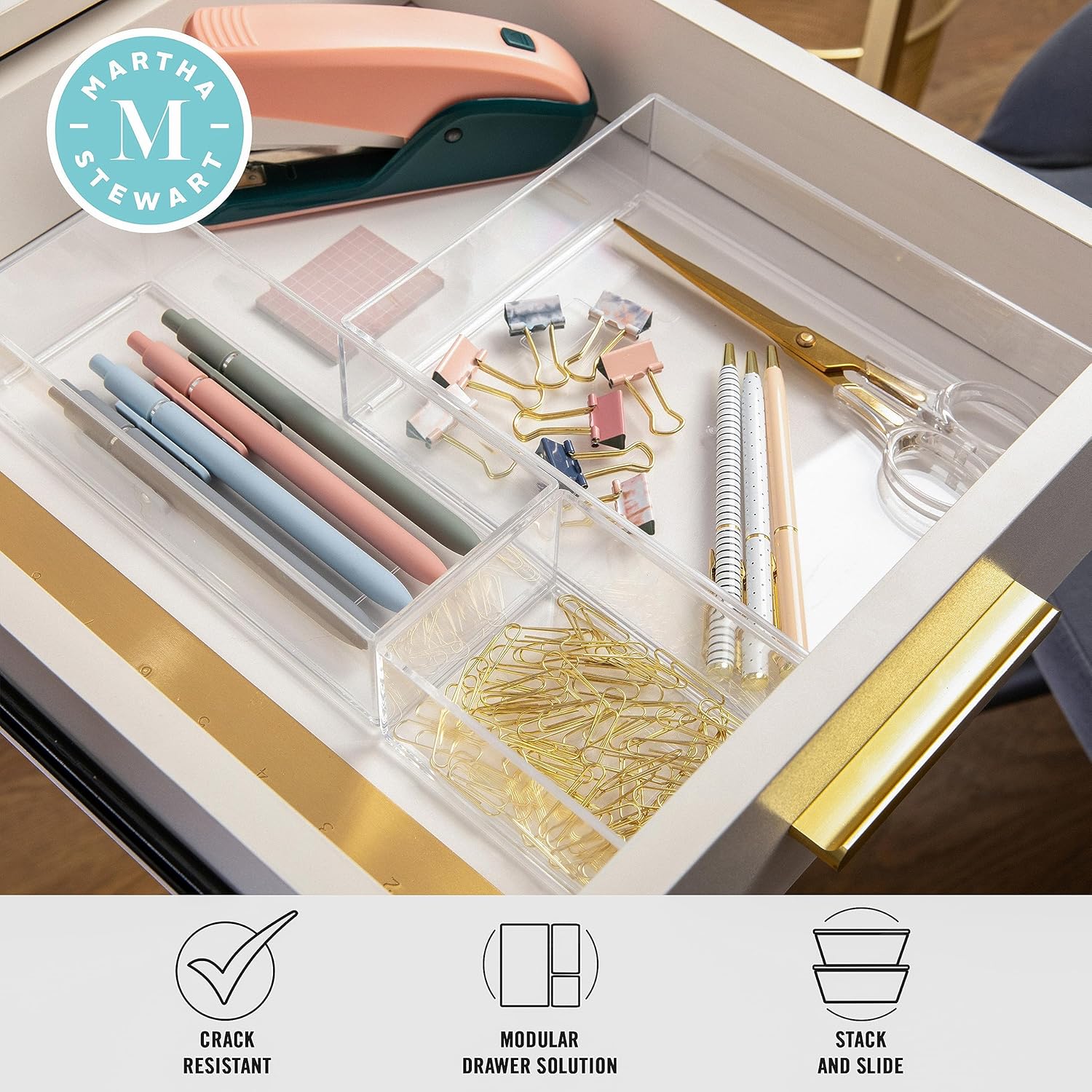 Martha Stewart Brody Desktop Storage Organizer, Stack and Slide Plastic Organizer Tray, Organizer for Office, Kitchen, or Vanity, 1-S, 1-M, 1-L (Pack of 2)