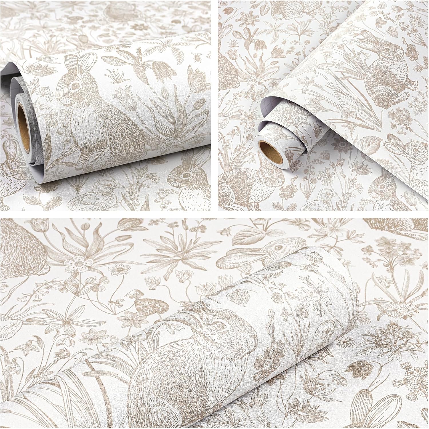 ReWallpaper 17.5in×23ft Beige Bunny Wallpaper Peel and Stick Neutral Countryside Cottage Wallpaper Bathroom Waterproof Whimsical Woodland Rabbits Bunny Wall Decor for Nursery Kids Room Bedroom Walls