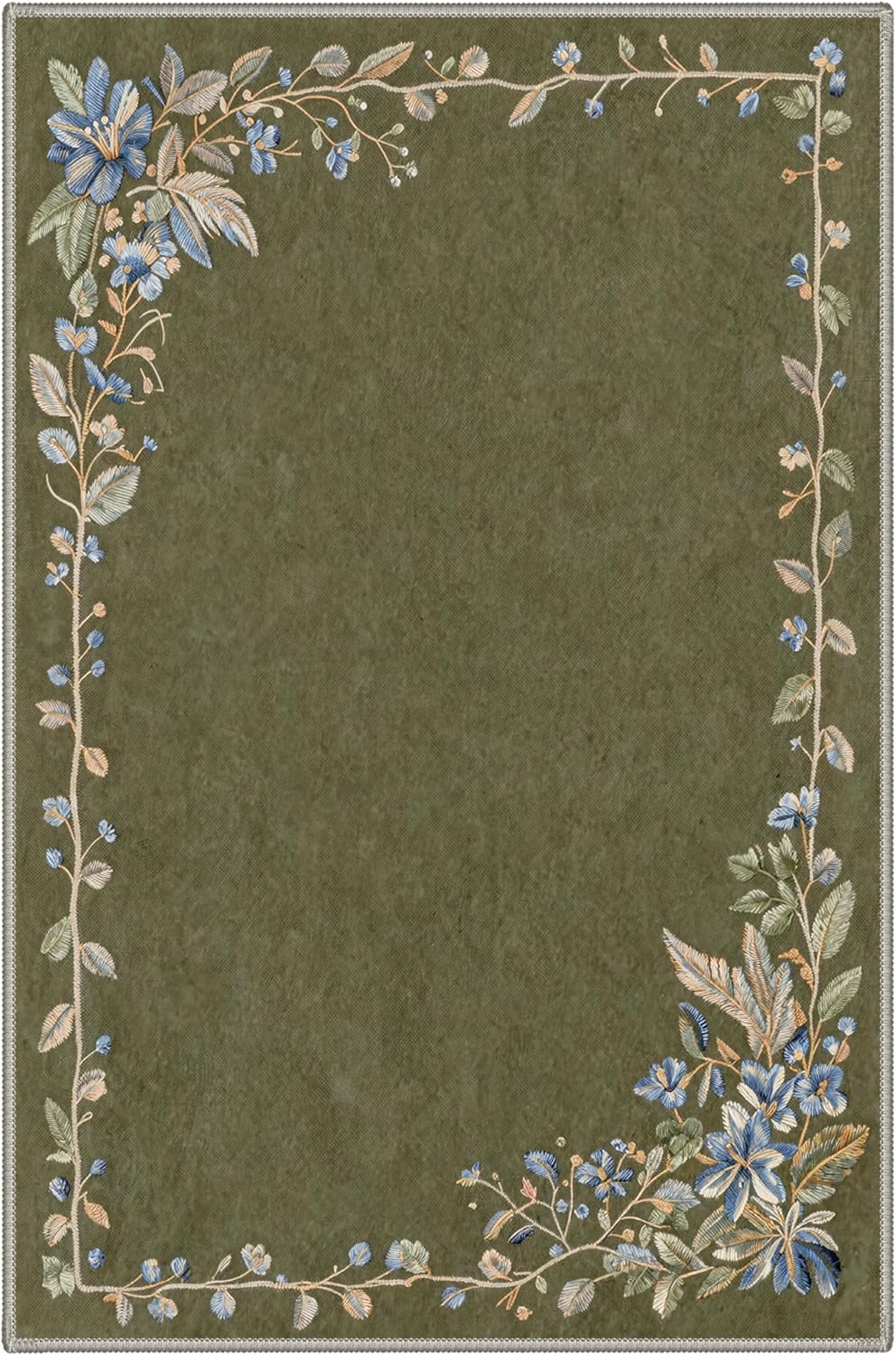 Bavni 2x5 Runner Rug Non Slip Washable Low Pile, Kitchen Rugs for Hallway Laundry Room Bedroom Bathroom, Print Pattern Light Weight Floral Border, Olive