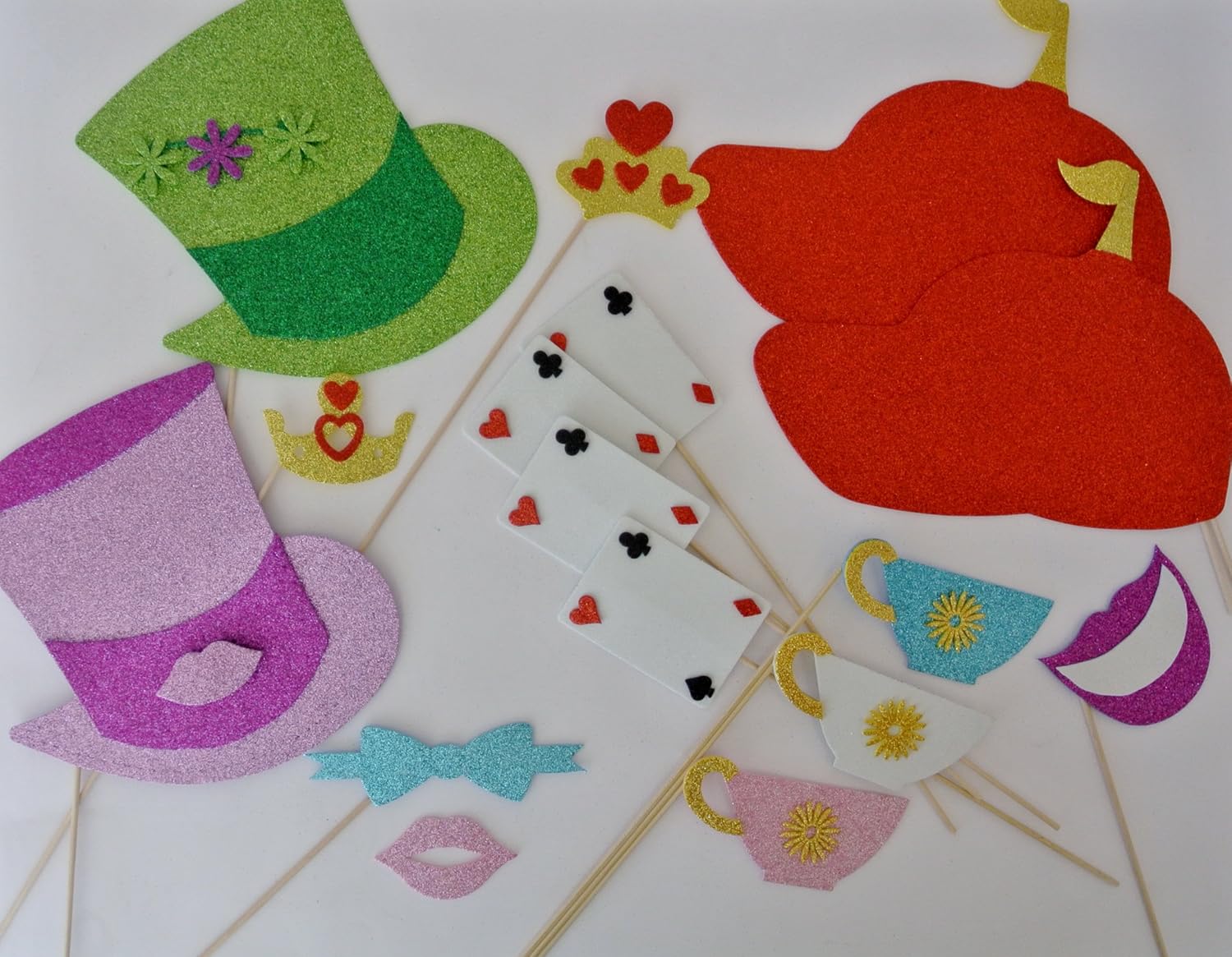 16 Pc Photo Booth Party Props Mustache on a Stick Alice in Wonderland Inspired Photo Booth Party Props Mustache on a Stick. Queen Mad Hatter Cards Alice Blue Bow