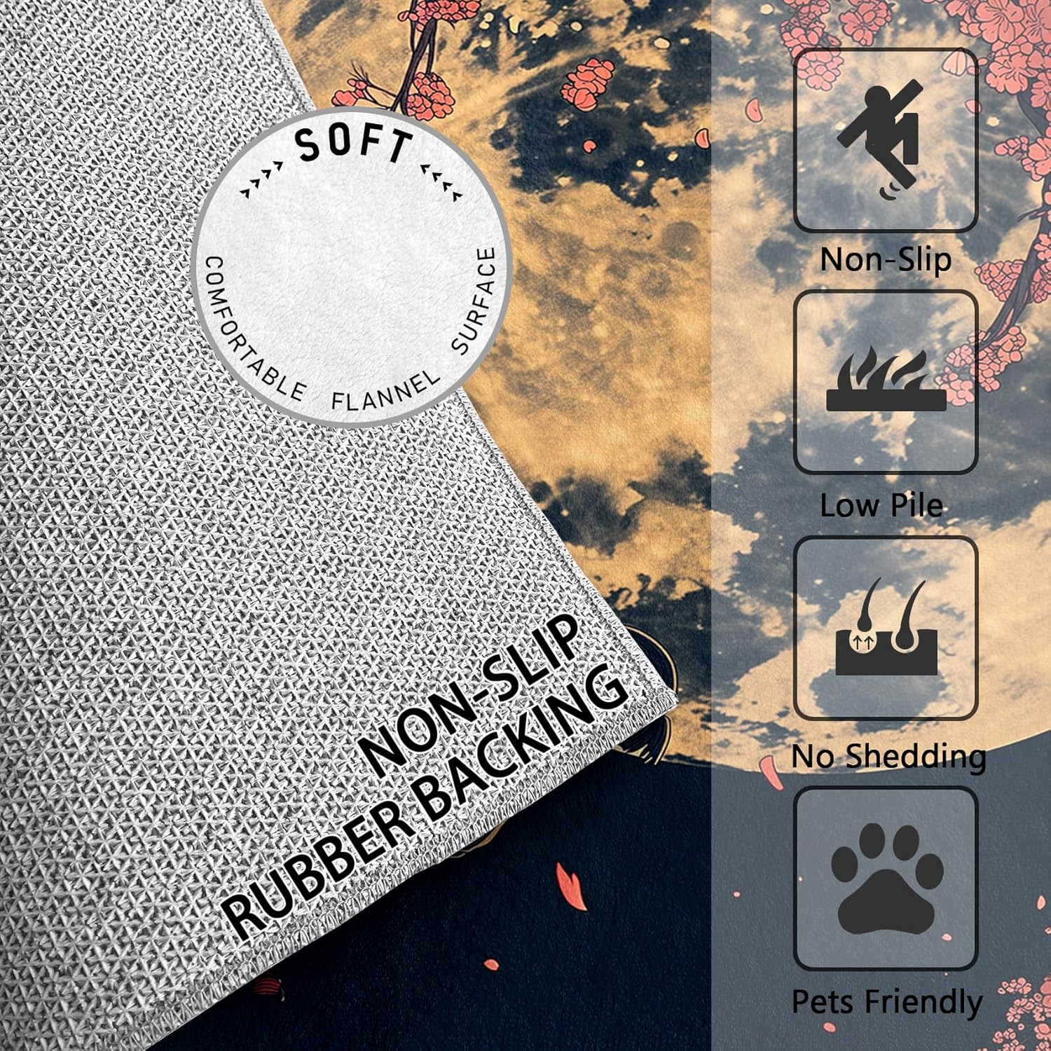 2x3 Rug, Japanese Door Mat, Samurai Rug, Cherry Blossom Full Moon Rugs for Entryway, Washable & Non Slip Small Carpet, Indoor Doormat, Japanese Home Decor & Gifts