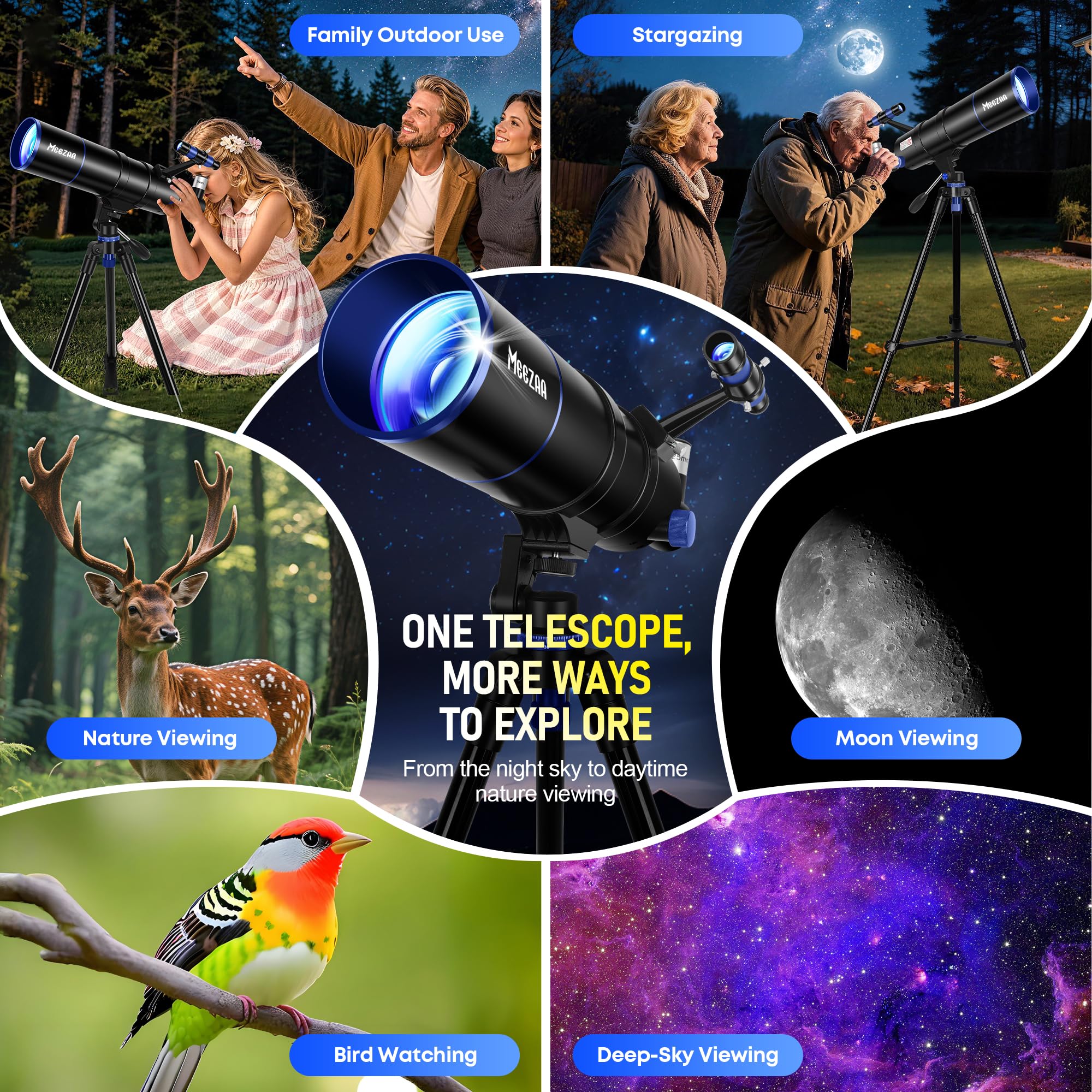 MEEZAA Télescope Astronomique pour Adultes, Enfants et Débutants, 90 mm Ouverture 600 mm Réfracteur Télescopes avec Trépied, Adaptateur Smartphone, Filtre Lunaire, Sac de Transport et Guide Lunaire