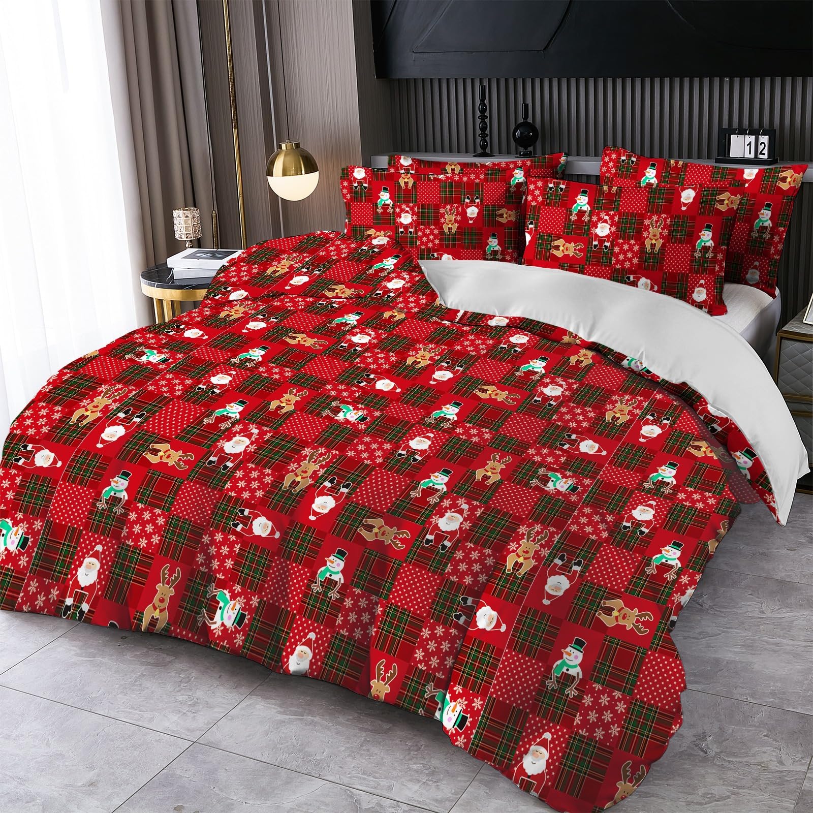 Housse de couette rouge de Noël 200x200 avec taies d'oreiller lit double vichy