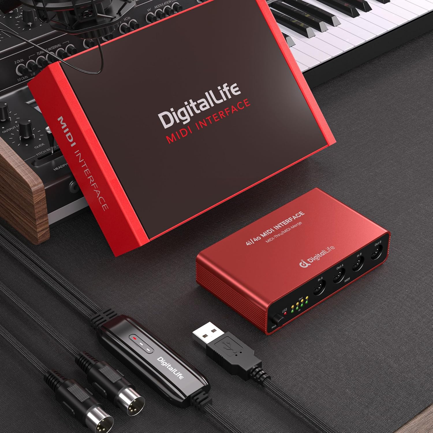 DigitalLife Stand-Alone Quad-I/O 5-PIN DIN MIDI Interface - MIDI Thru Box (4-In/4-Out) & MIDI Merge Box (2-In/4-Out), w/LED Indicators, Metal (No computer needed)