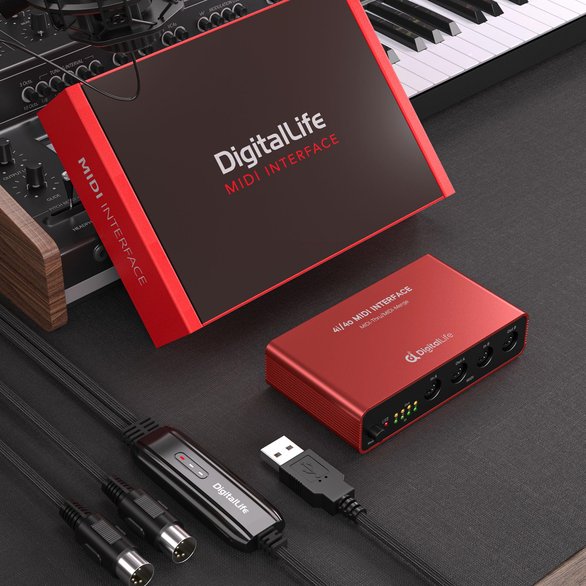 DigitalLife Quad-I/O Interfaccia MIDI 5-PIN DIN - MIDI Thru Box (4-In/4-Out) & MIDI Merge Box (2-In/4-Out), 8 Indicatori LED, Metallo