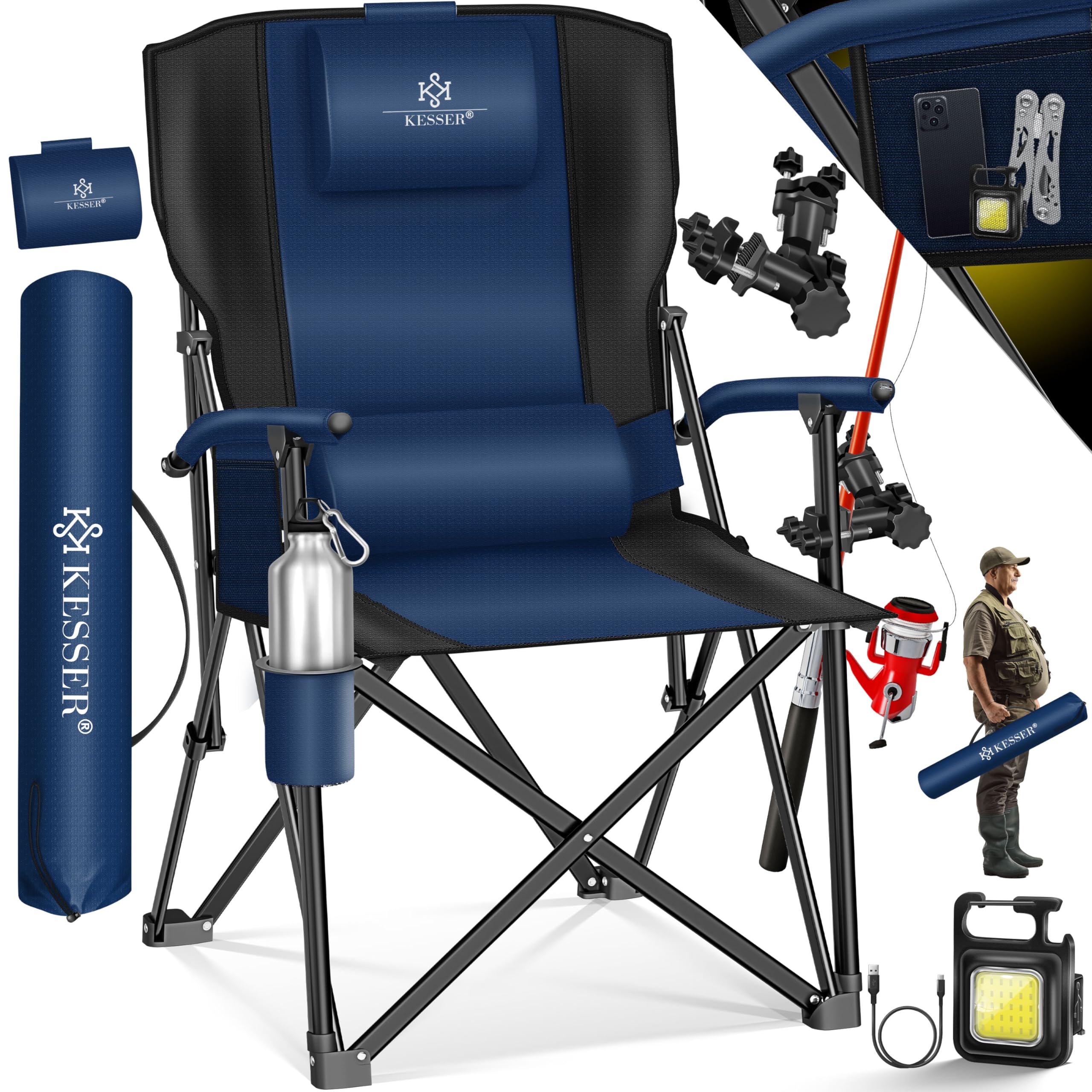 KESSER® Sedia da Campeggio Pieghevole fino a 160 kg, Imbottita con Braccioli, Luce da Campeggio, Portabicchieri, Borsa con Schienale Alto, con Porta Canne da Pesca, Navy Blue/Nero