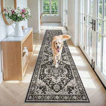 Washable 26x12 Hallway Runner Rug Non-Slip Long Boho Kitchen Rugs Entryway Rug Runner Soft Low Pile Carpet Indoor Vintage Floor Mat for Bedroom Bathroom Laundry Black/Beige/Grey,26x12