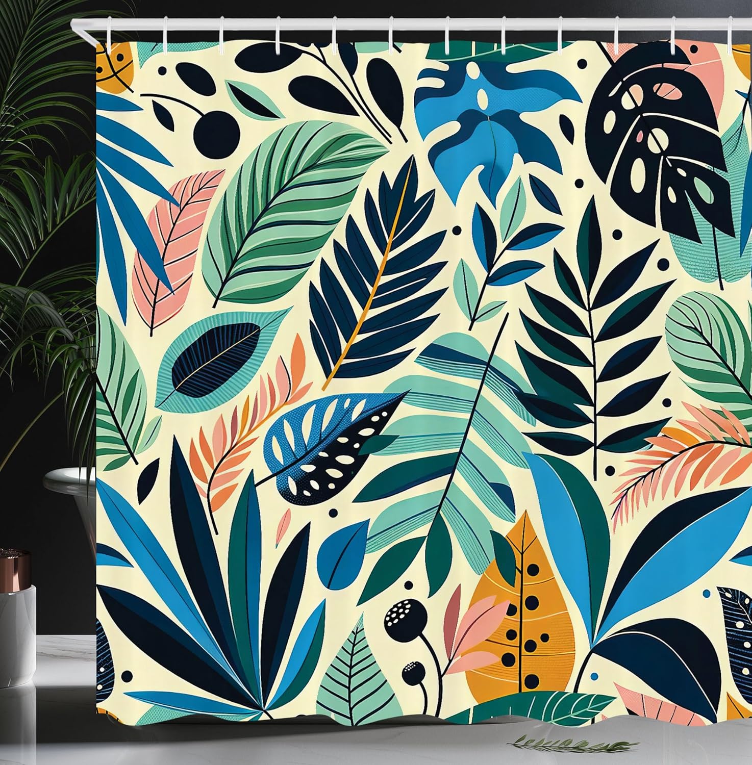 Ambesonne Colorful Shower Curtain, Modern Scandi Pattern of Exotic Leaves on Creamy Back Autumnal Feel, Cloth Fabric Bathroom Decor Set with Hooks, 69" W x 75" L, Mint Green Sea Blue Beige