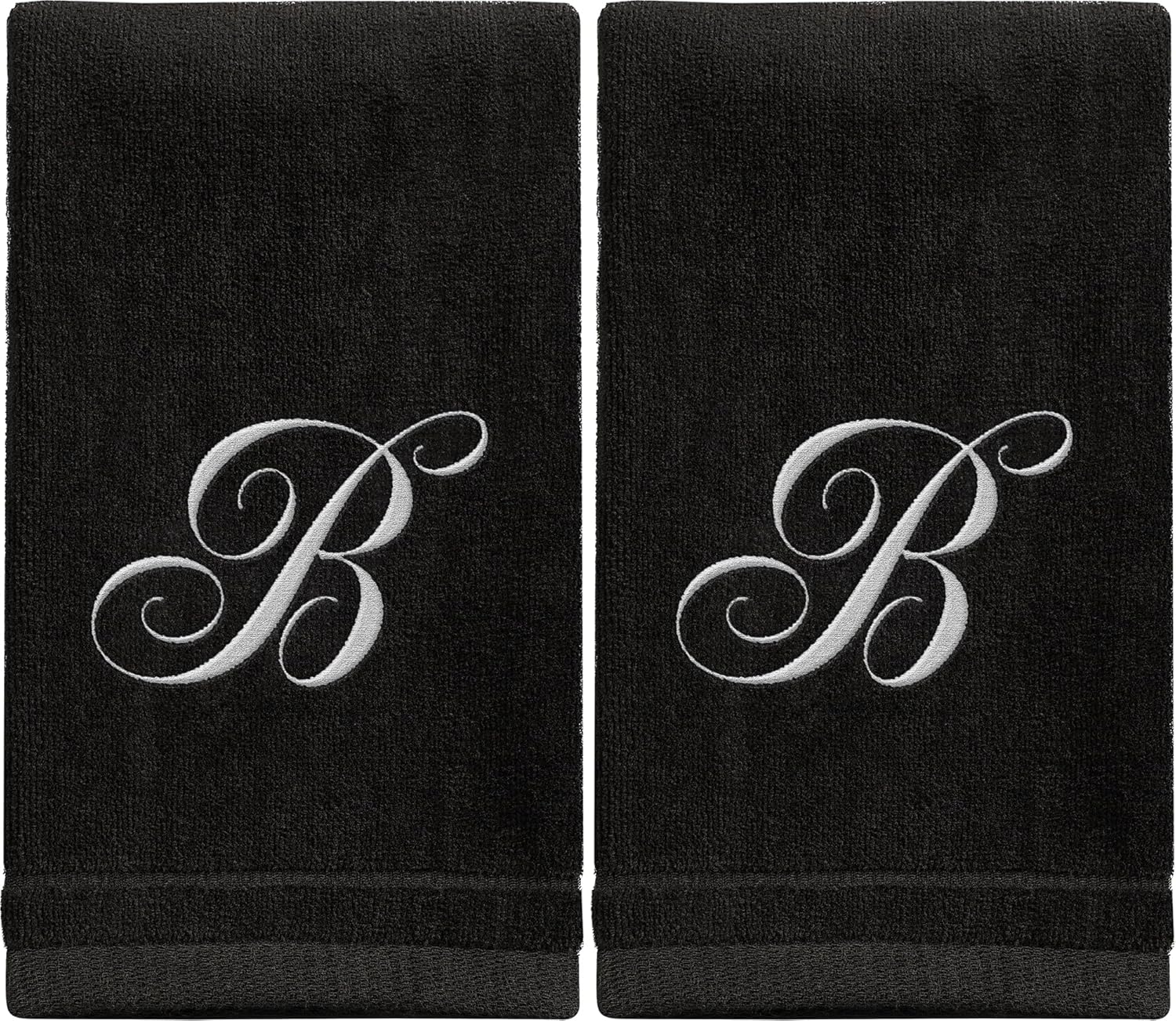 Monogrammed Towels Fingertip, Personalized Gift, 11 x 18 Inches - Set of 2 White Embroidered Towel - Extra Absorbent 100% Cotton - Soft Velour Finish - For Bathroom/ Kitchen/ Spa - Initial B (Black)