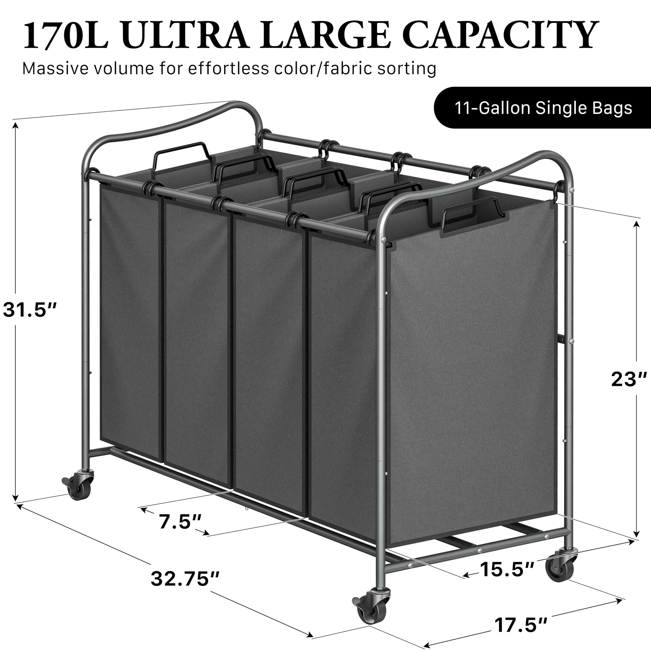 Rolling Laundry Sorter Cart - Dark Grey -2