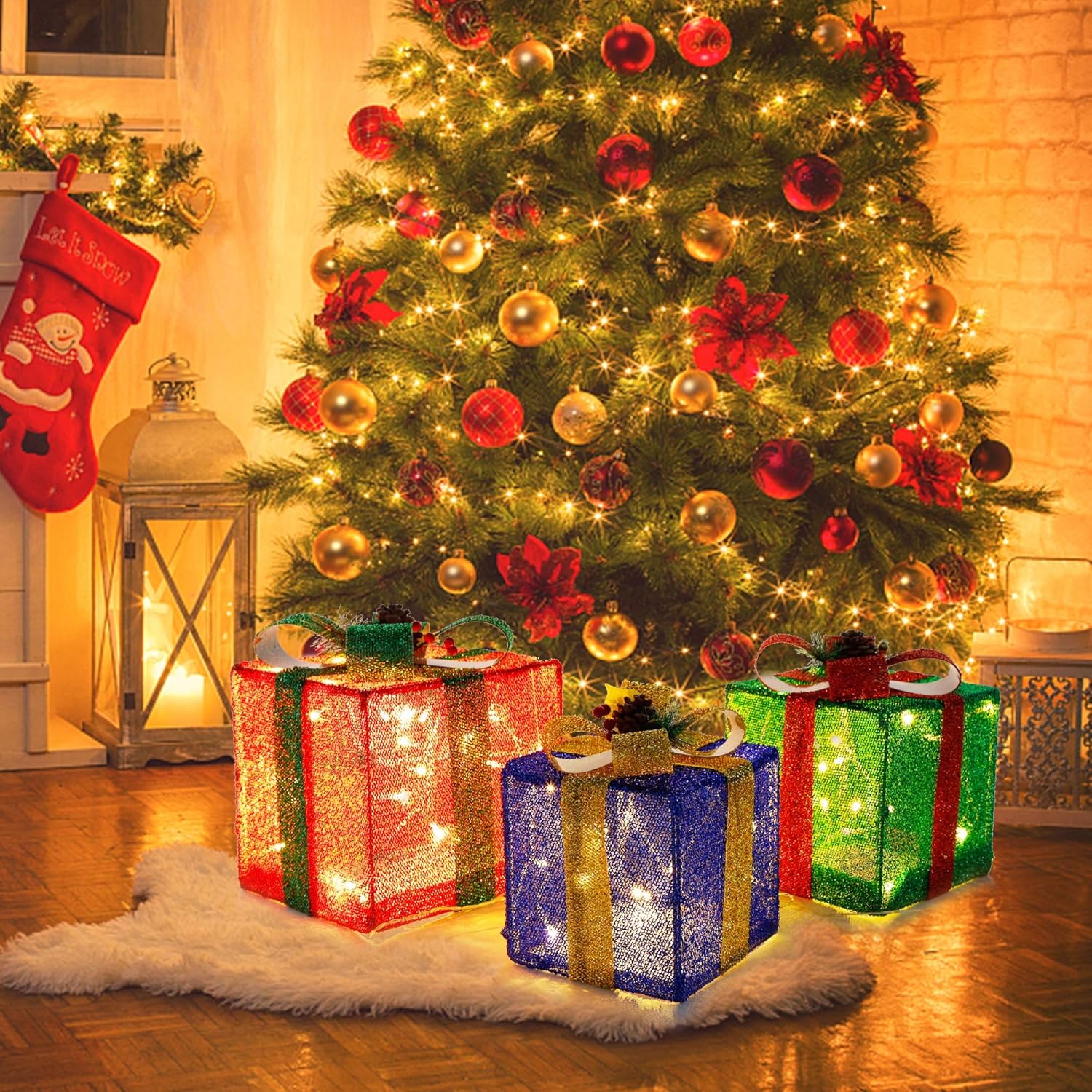 Twinkle Star Set of 3 Christmas Lighted Pop Up Gift Boxes Decorations, Tinsel Present Box, Pre-lit 60 LED Light Up Tree Skirt Ornament, Indoor Outdoor Red Green & Blue for Holiday Party Xmas Home Yard : Patio, Lawn & Garden
