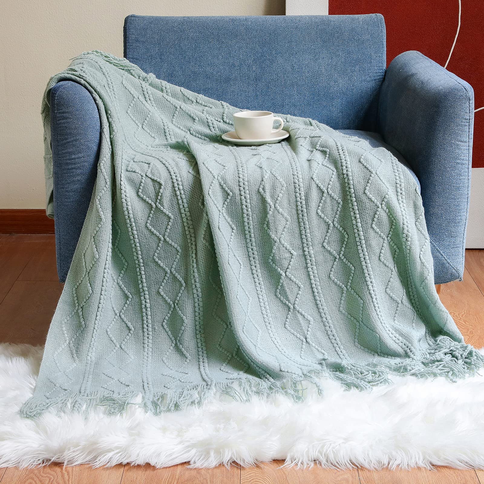 Galatée Disponible Todo el año para sofá Mantas Tejidas con Flecos desechados, Cama Adaptada de Espiga Supersuave, para Dormitorio, Acampada, Frijol, Verde, 150 x 200 cm