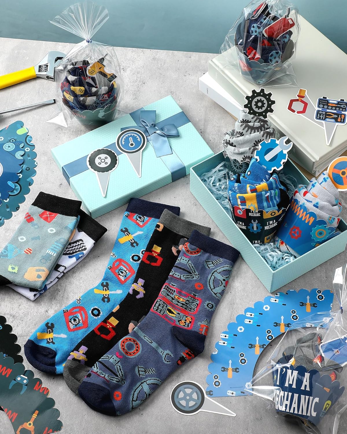 12 Pairs Mens Mechanic Socks Gifts Novelty Funny Mechanic Cupcake Socks Mechanical Gifts for Dad Men Engineer Birthday Valentine's New Year - Image 2