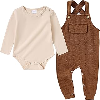 CARETOO Newborn Baby Boy Clothes Infant Boy Romper Fall Winter Outfits Bodysuit 2Pcs Striped Long Sleeve Top Overalls 0-18M