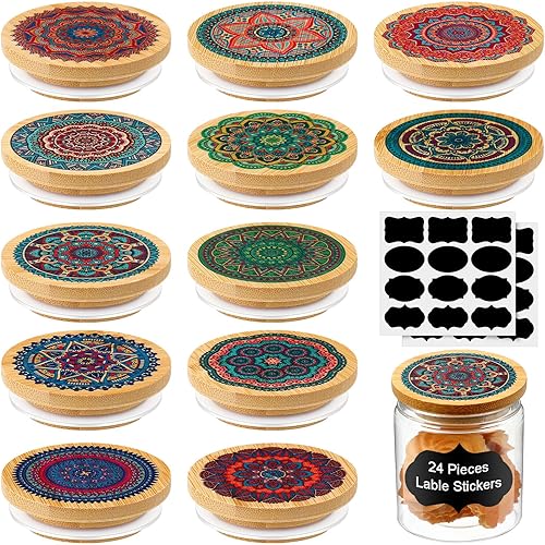 Yaomiao Juego de 12 tapas para tarros de yogur, tapas reutilizables con patrón de mandala de bambú con anillos de sellado de silicona y 24 etiquetas