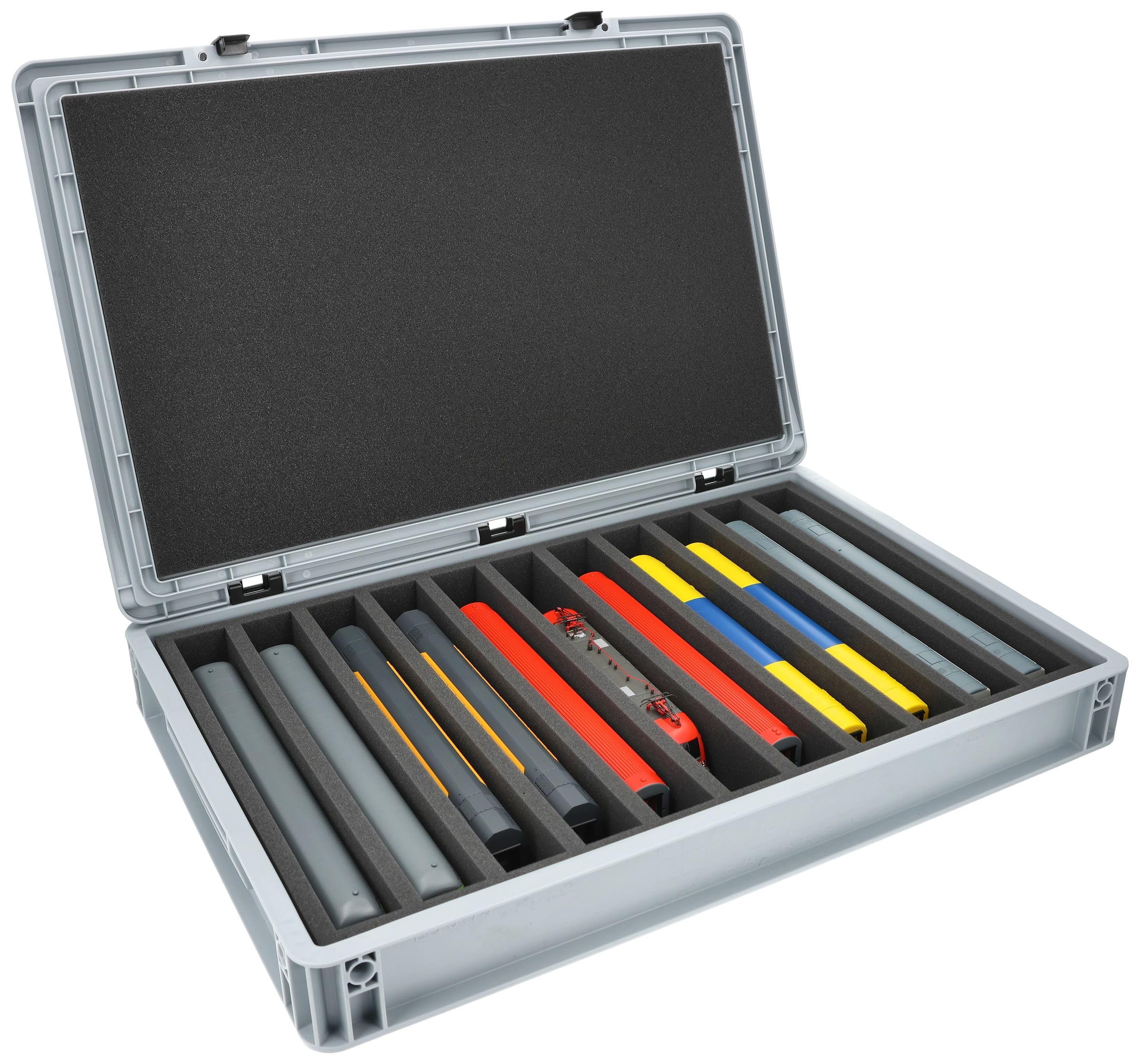 Feldherr Eurobox 60 x 40 cm Set für Modelleisenbahnen - Spur H0-11 Fächer - Schaumstoffeinlage für stehende Aufbewahrung - kompakte Transportlösung für Loks und Waggons