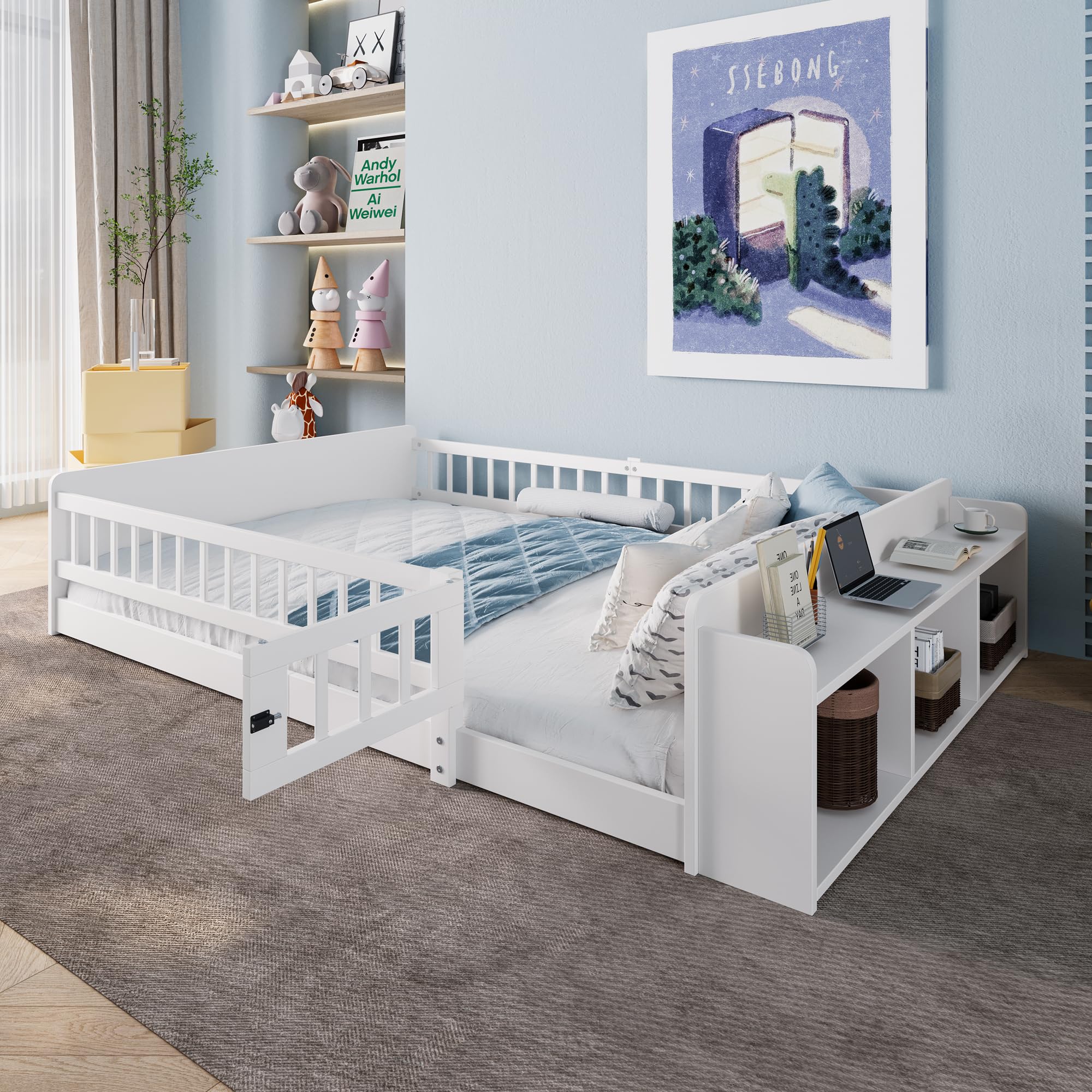 Merax Kinderbett Bodenbett 140x200 cm mit Rausfallschutz & Lattenrost, öffnbarem Zaun - Montessori Bett mit offenem Stauraum & Ablagen, Holz Bettgestell, Jugendbett, bis 200 kg belastbar