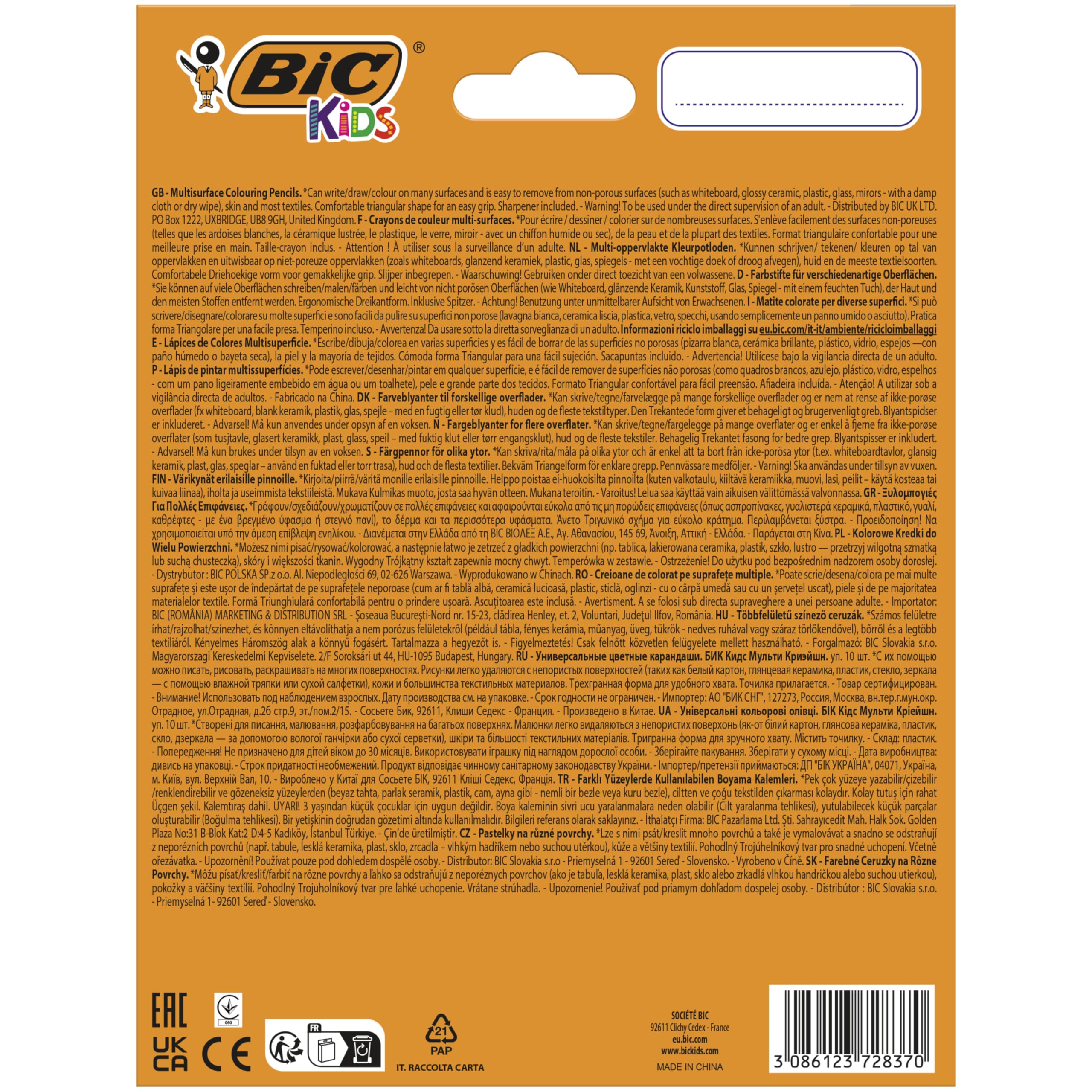 BIC Crayons de Couleur Multi-Surfaces & Usages (Ardoise, Tableau, Verre, Plastique, Bois.) - Etui carton de 10 Crayons Larges pour Enfants, Mine XXL, Couleurs Assorties, Taille-Crayon Inclus
