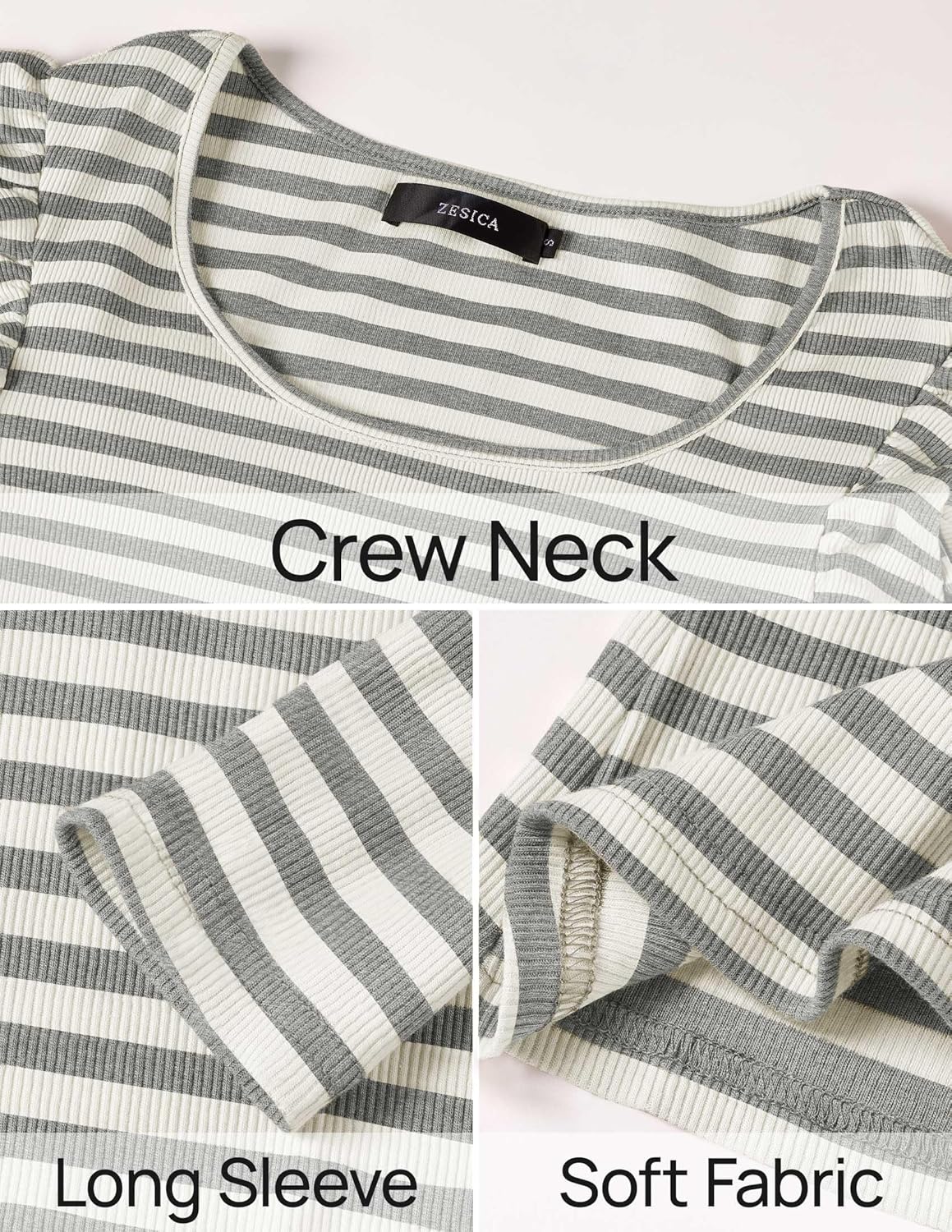 ZESICA Womens Ruffle Long Sleeve Scoop Neck Shirt Striped Slim Fitted Casual Basic Tee Tops Trendy Spring Clothes - Image 6