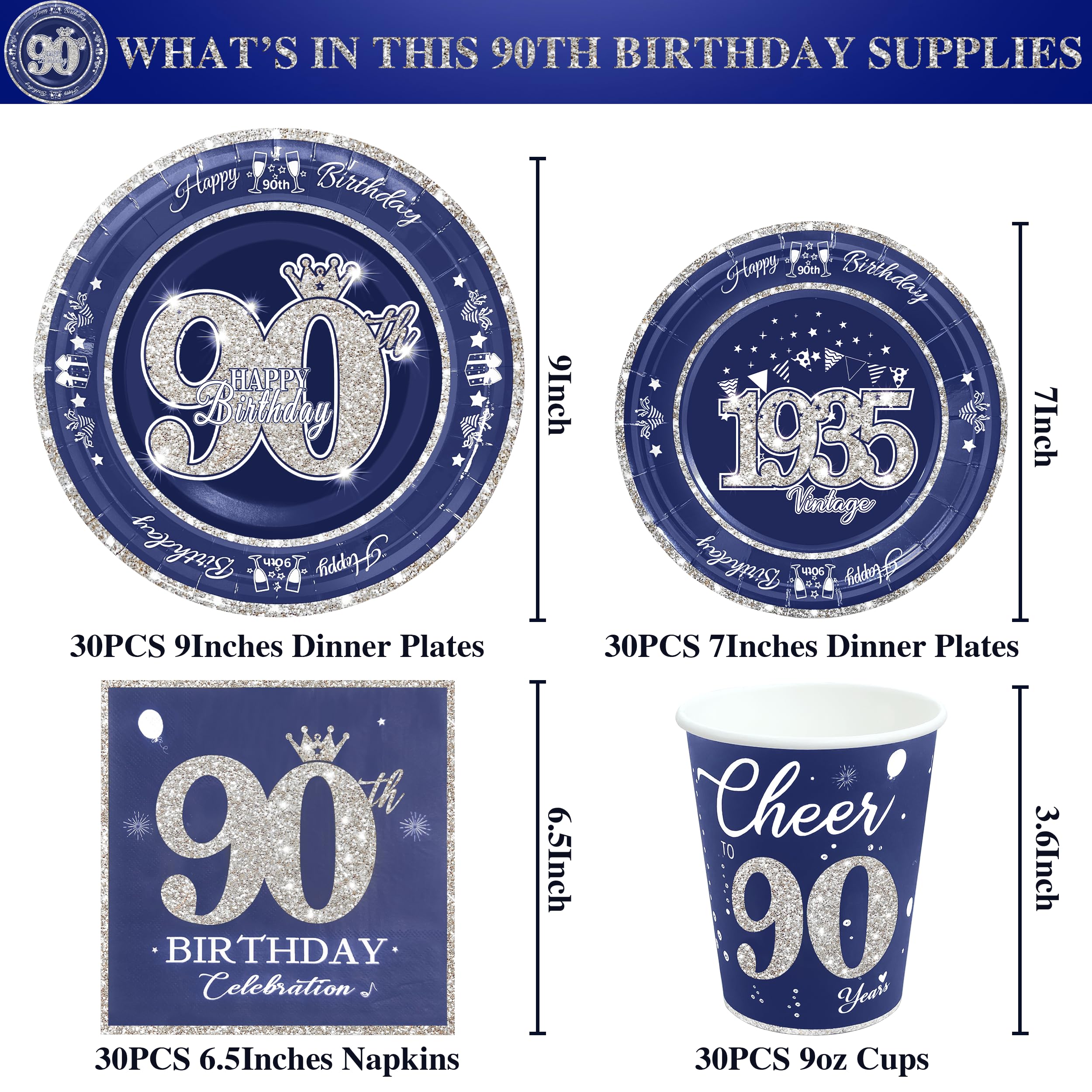 algpty 90th Birthday Decorations Blue and Silver, Service for 30, Vintage 90th Birthday Party Supplies Includes Blue and Silver 1935 Plates, Napkins,Cups, Plates and Napkins for Men Women
