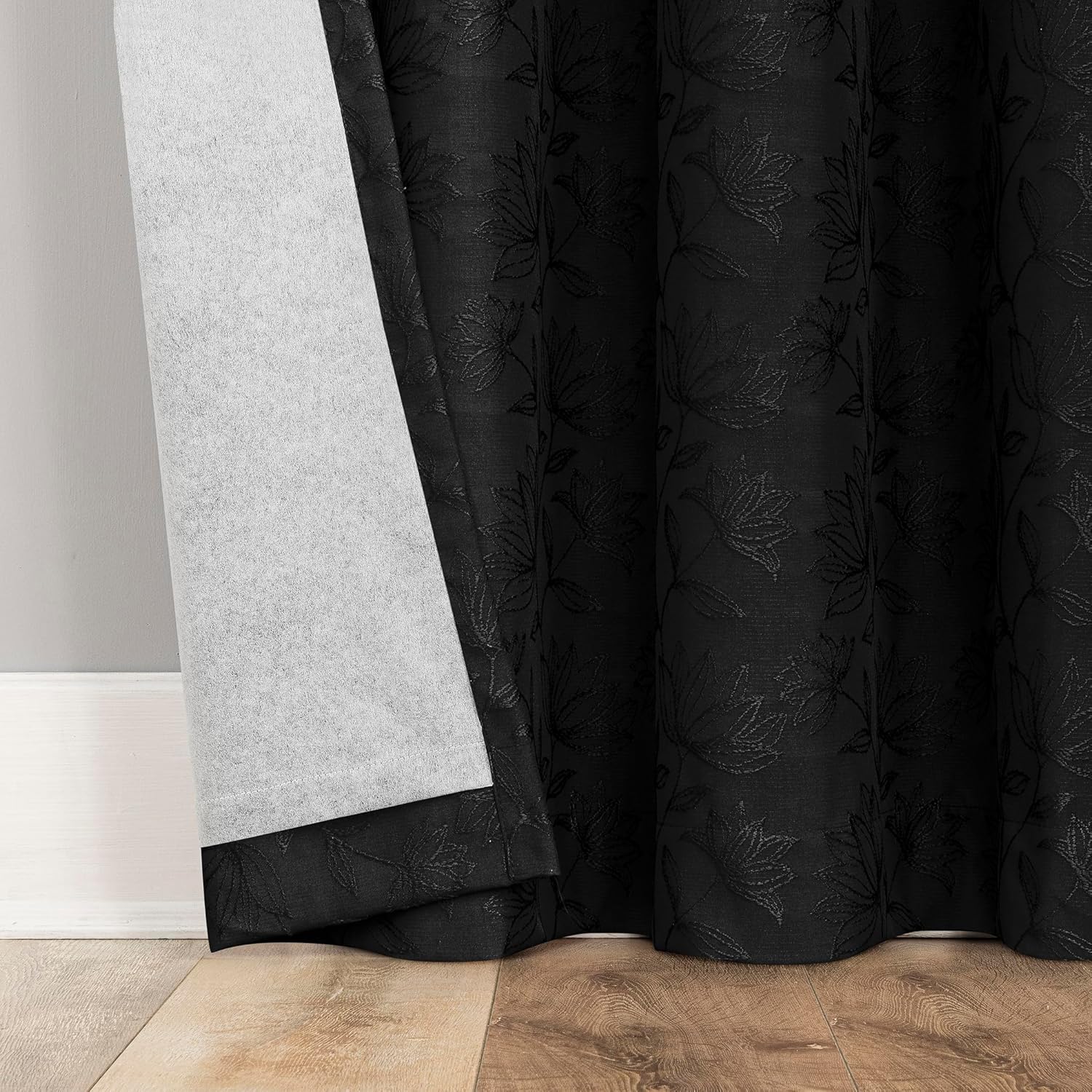 Sun Zero Beverly Floral Jacquard 100% Total Blackout Rod Pocket Curtain Panel, Black, 50" W x 63" L (1 Panel)
