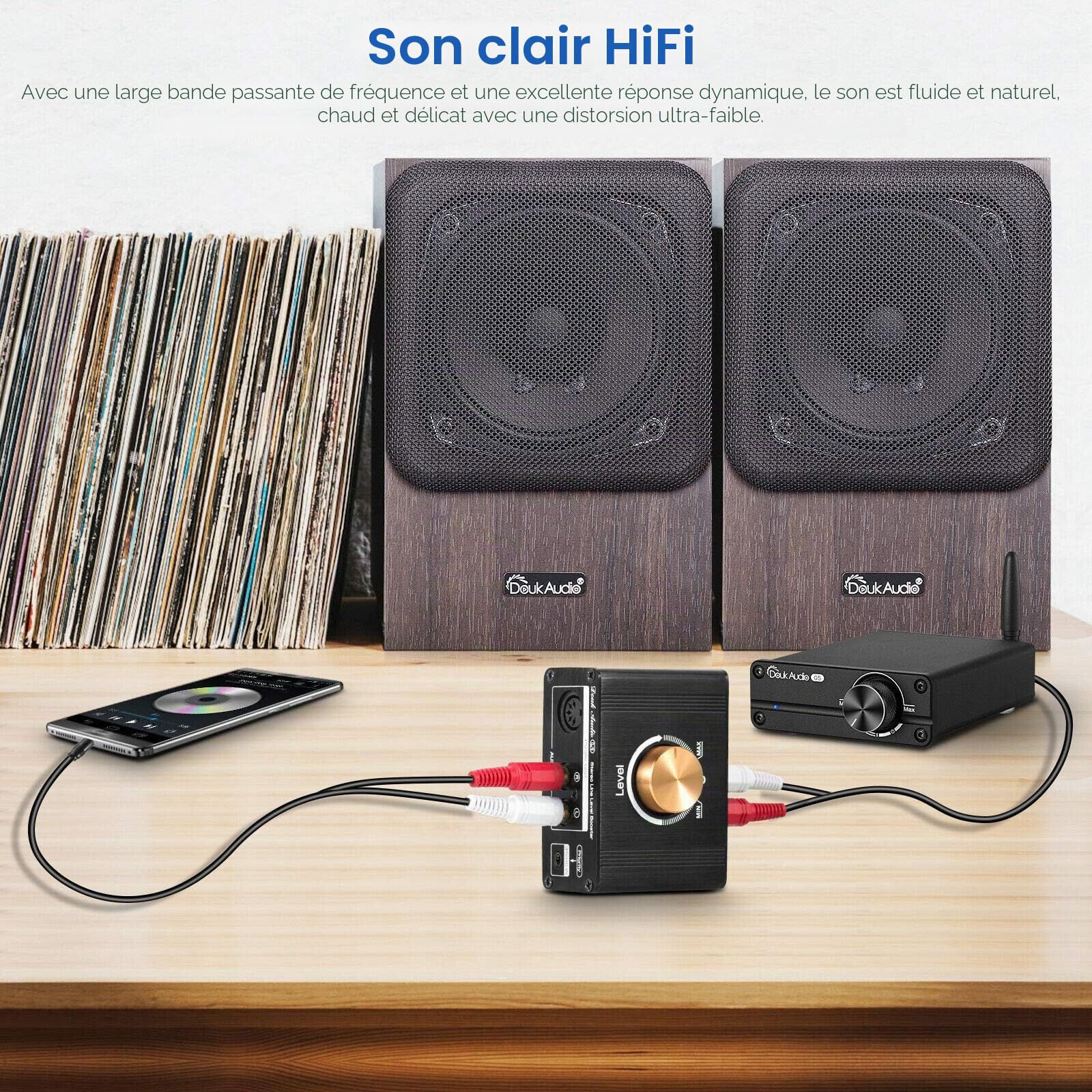 Mini amplificateur de niveau de ligne stéréo pour MP3, iPod, iPad, iPhone, gain 20 dB + contrôle du volume
