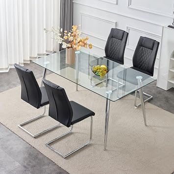 63" Rectangular Dining Table Set Modern Dining Table Set 7 Pieces Kitchen Table and Upholstered Chairs 1Table+4Chairs, Transparent GlassTable, Black Chair